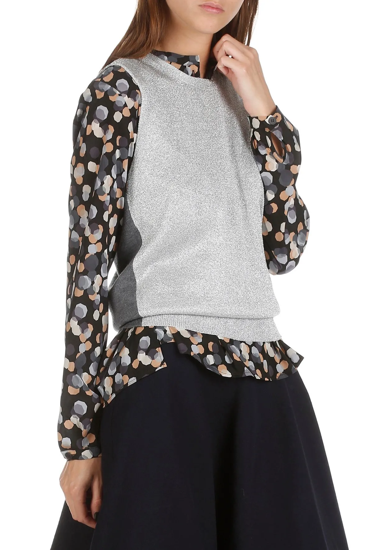 Pull col rond sans manche en mohair lurex Argent