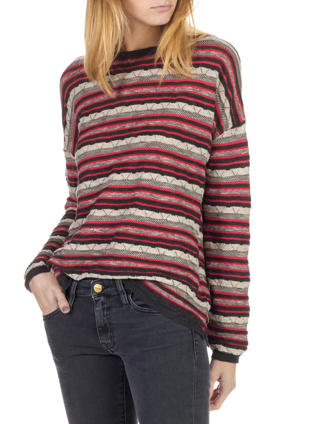 Pull col rond rayé en lin et coton Qero Noir