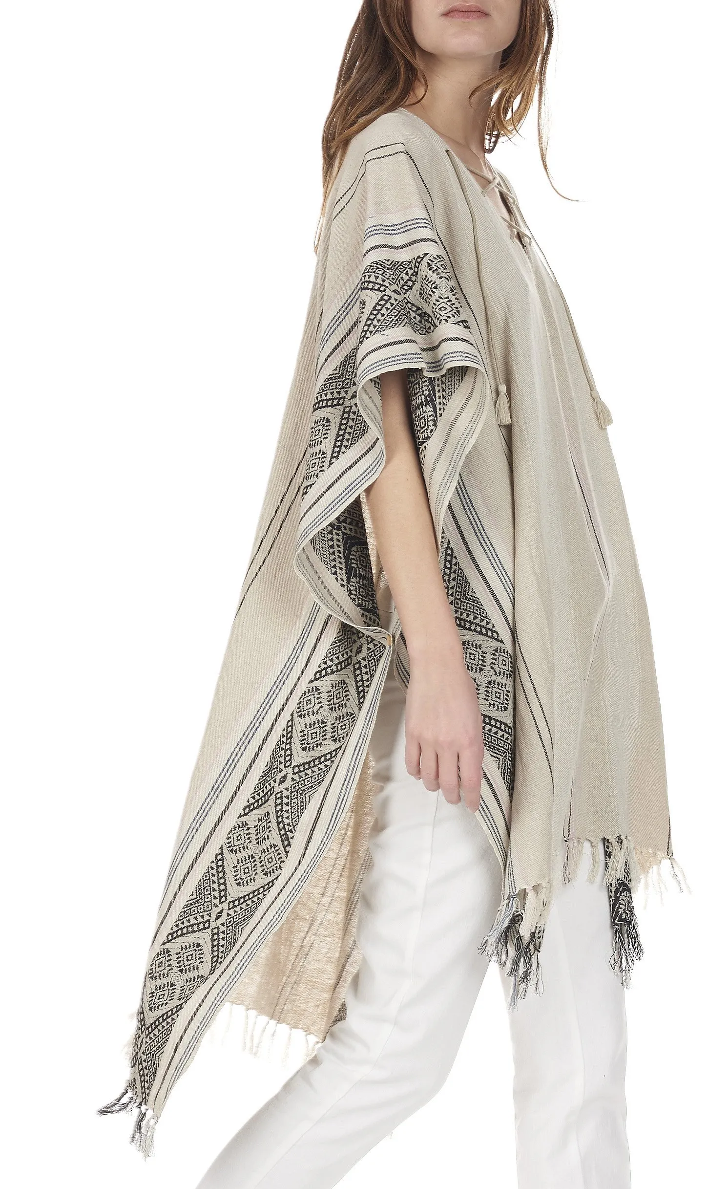 Poncho rayé en coton Beige