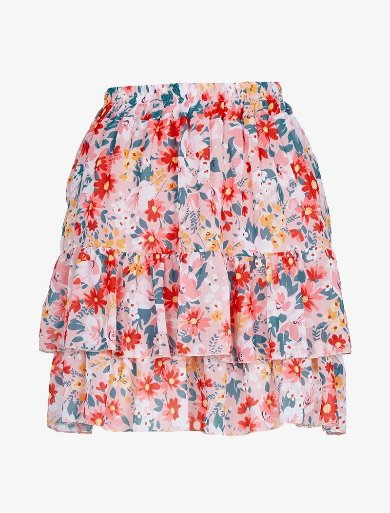 Mini jupe à volants superposés imprimé fleurs - rose