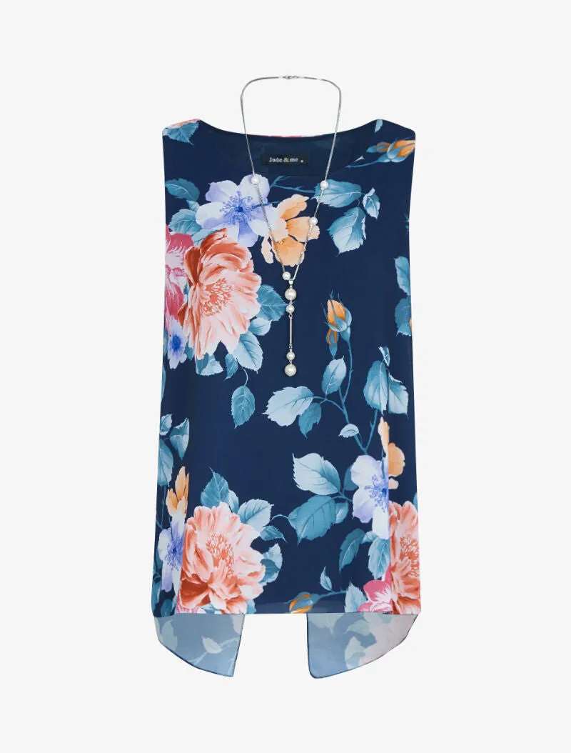 Top en voile à dos fendu et imprimés - marine