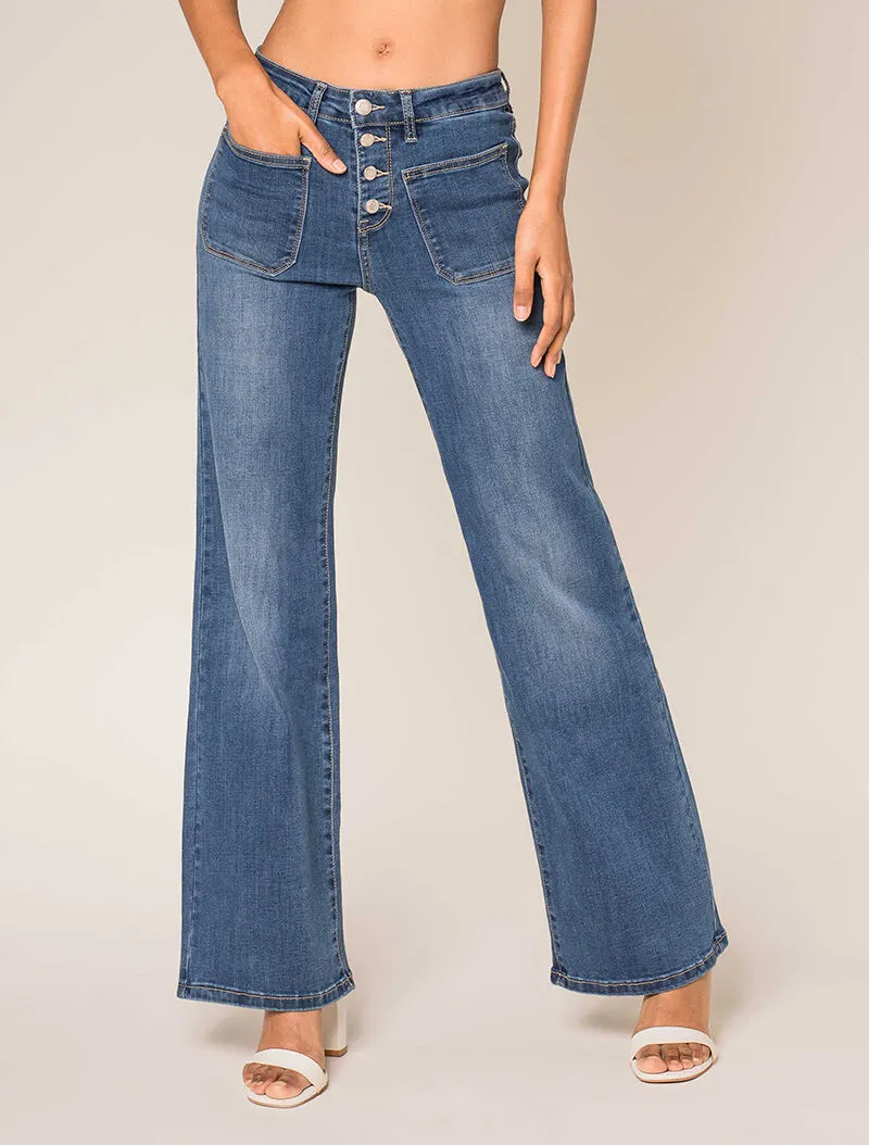 Jean ample délavé à poches avant plaquées - bleu denim