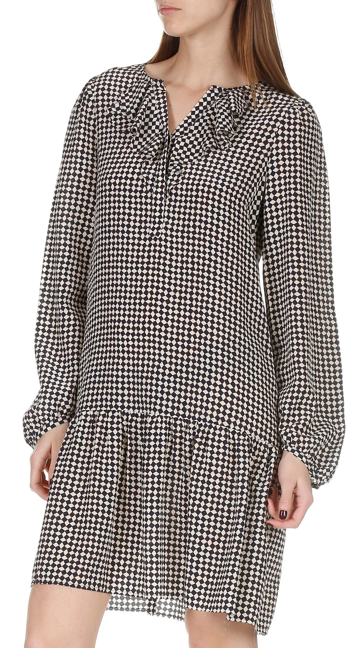 Robe courte en soie à volants et imprimé graphique Bleu