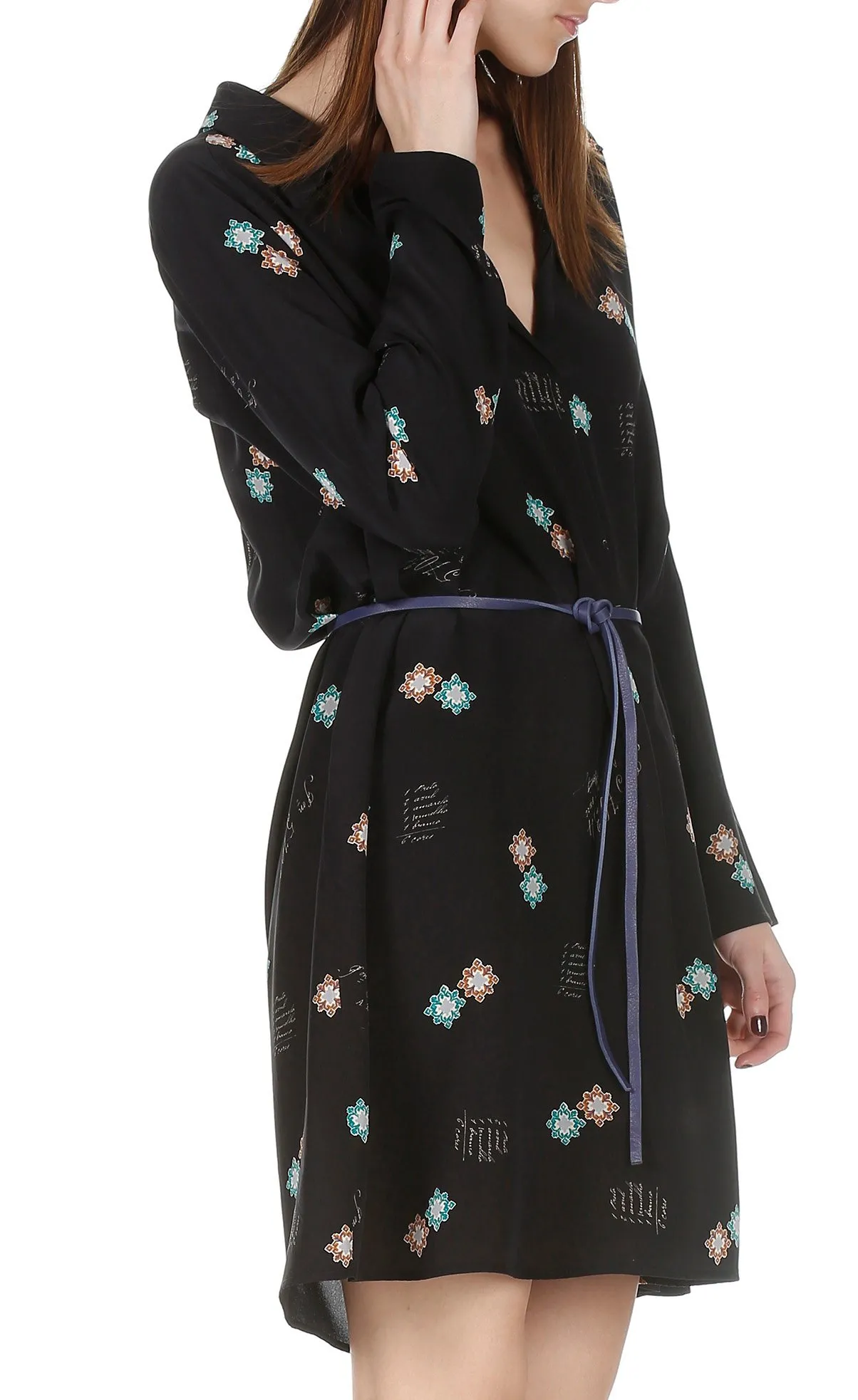 Robe chemise imprimée en soie Noir