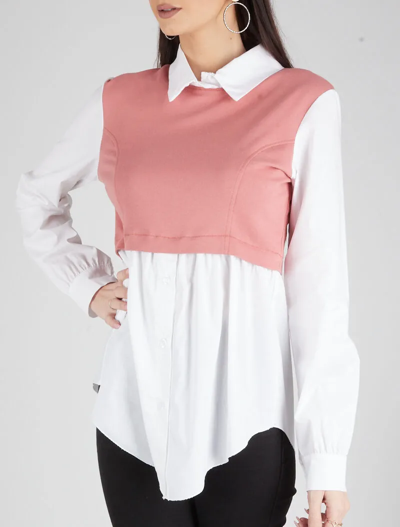 Chemise à empiècement style sweatshirt - corail