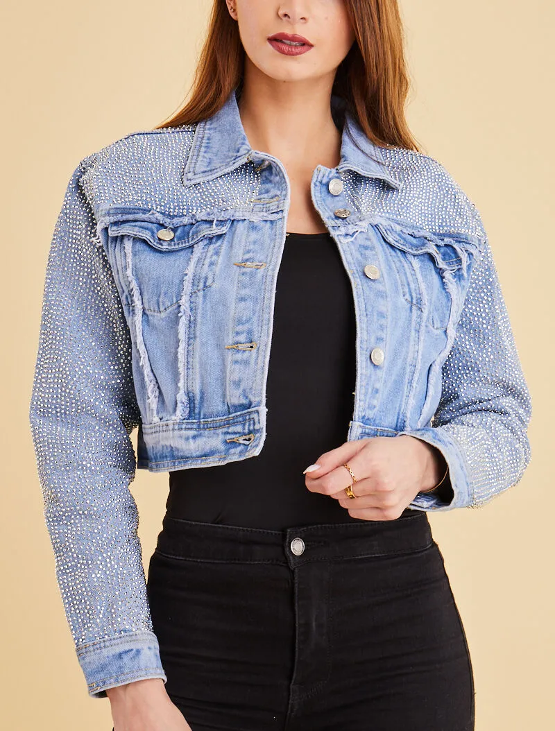 Cropped veste strassée - bleu ciel