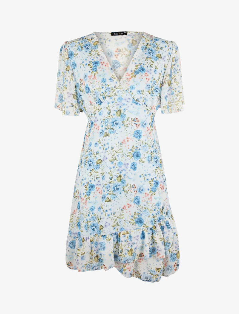 Robe à manches volantées et bord à basques - bleu clair