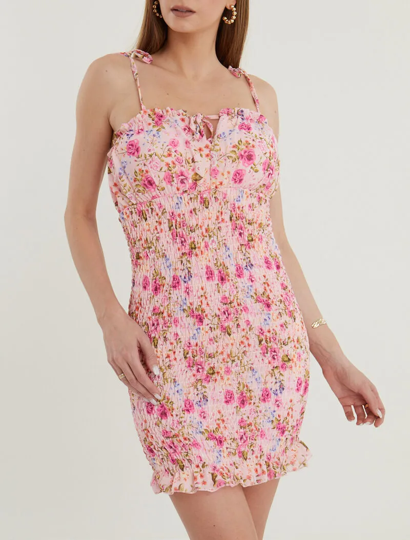 Robe élastiquée imprimé fleuri - rose