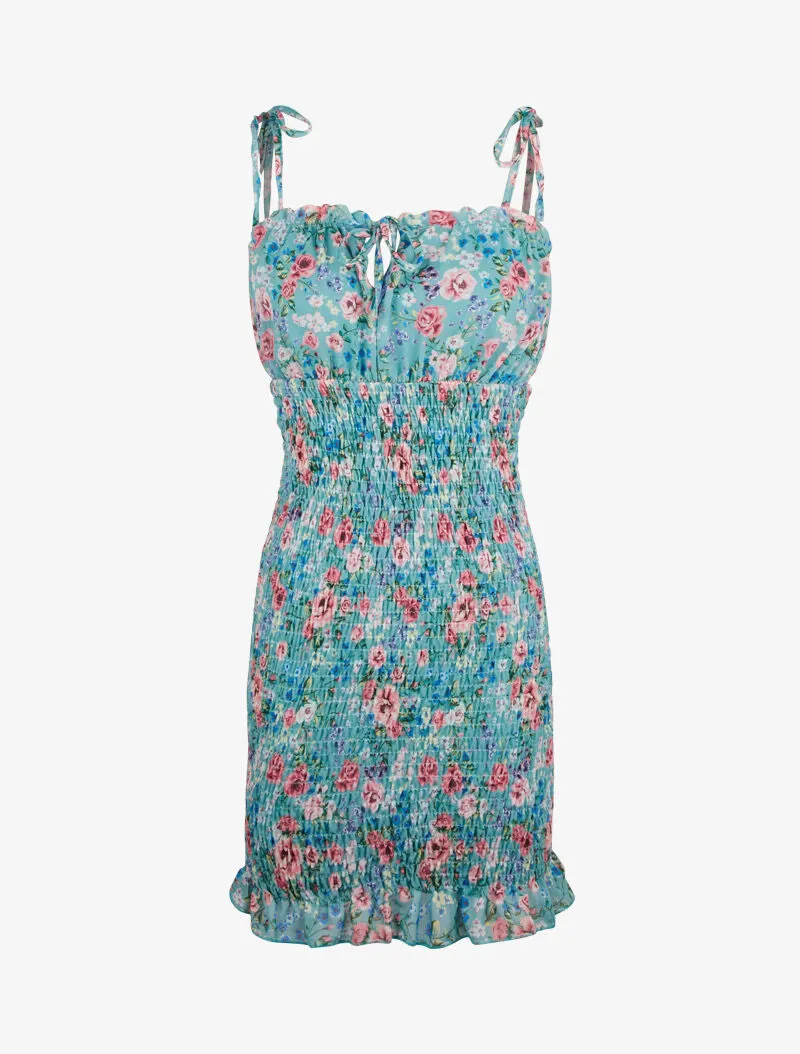 Robe élastiquée imprimé fleuri - vert menthe