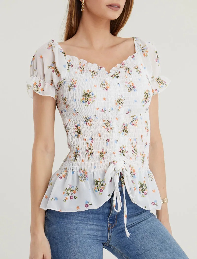 Top élastiqué à encolure coeur - blanc