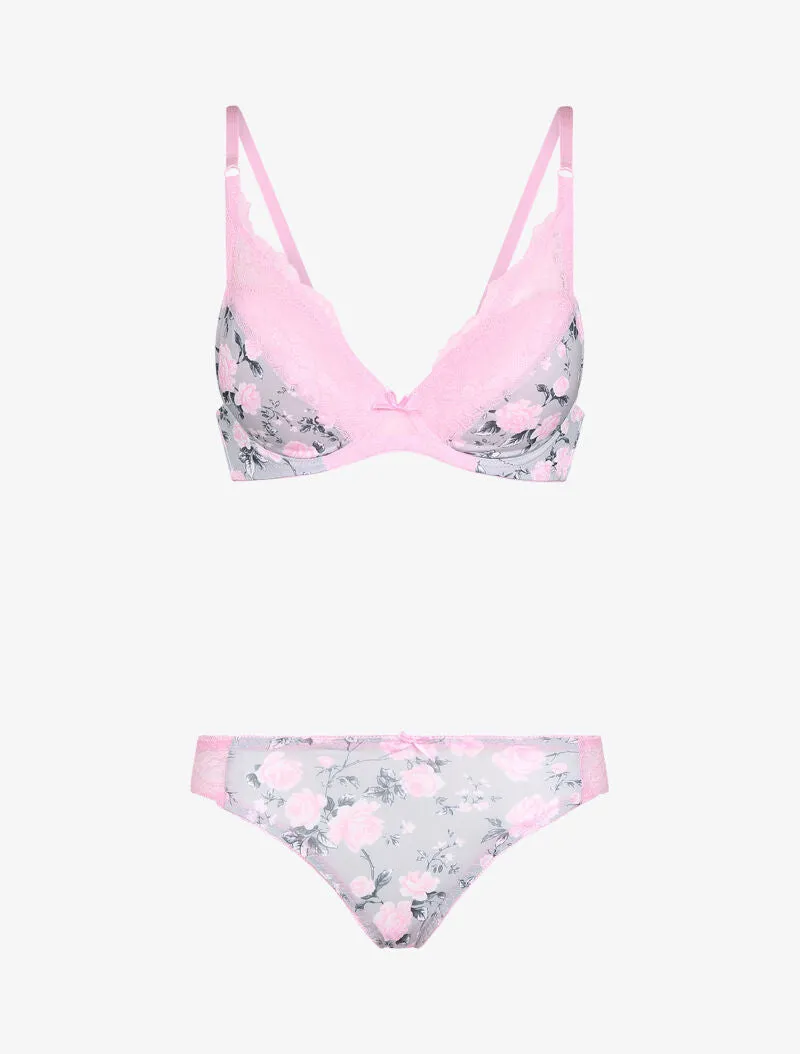 Ensemble imprimé fleurs et dentelle - rose