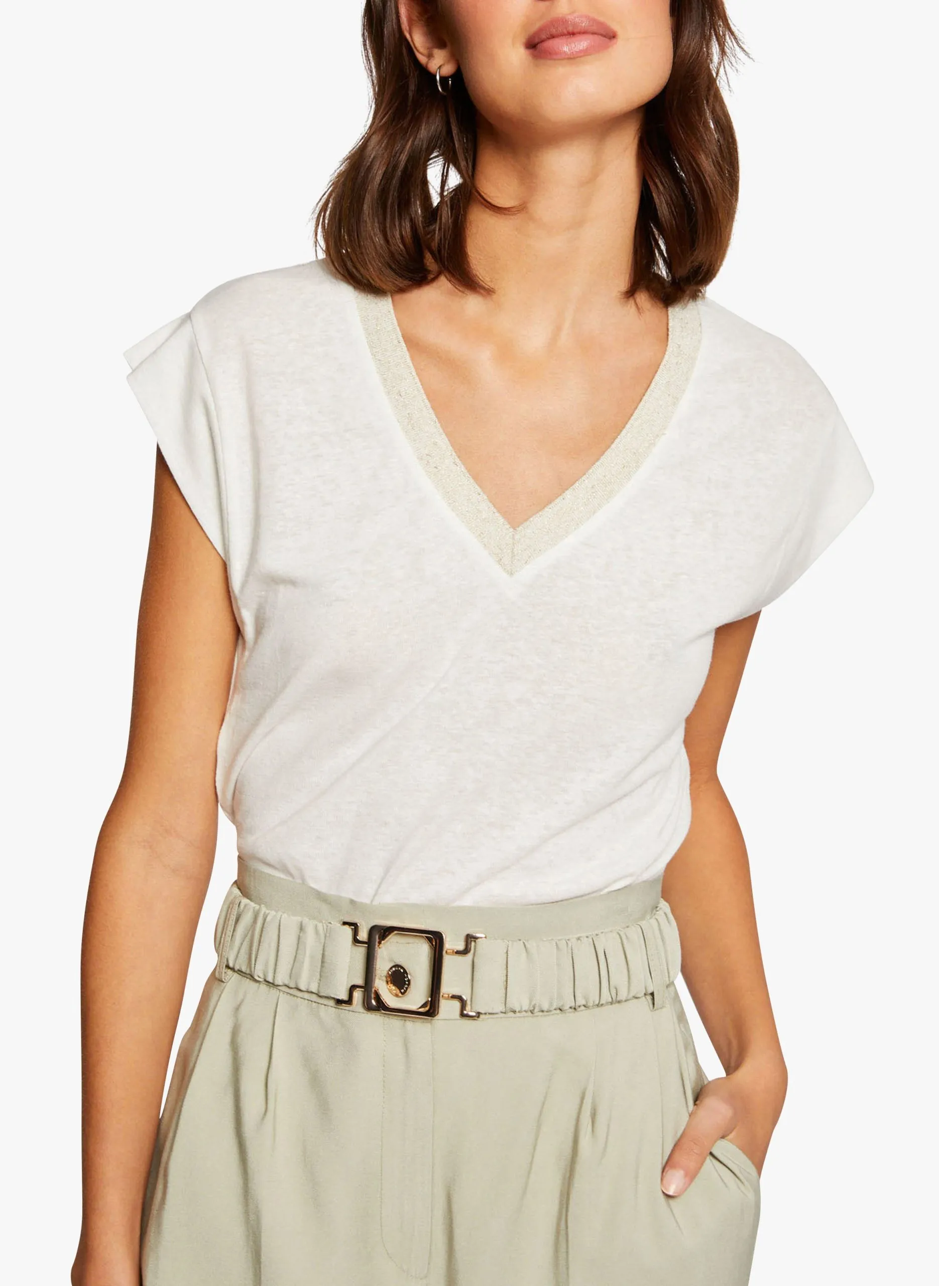 Tee-shirt col V en lin mélangé Beige 221-DAME