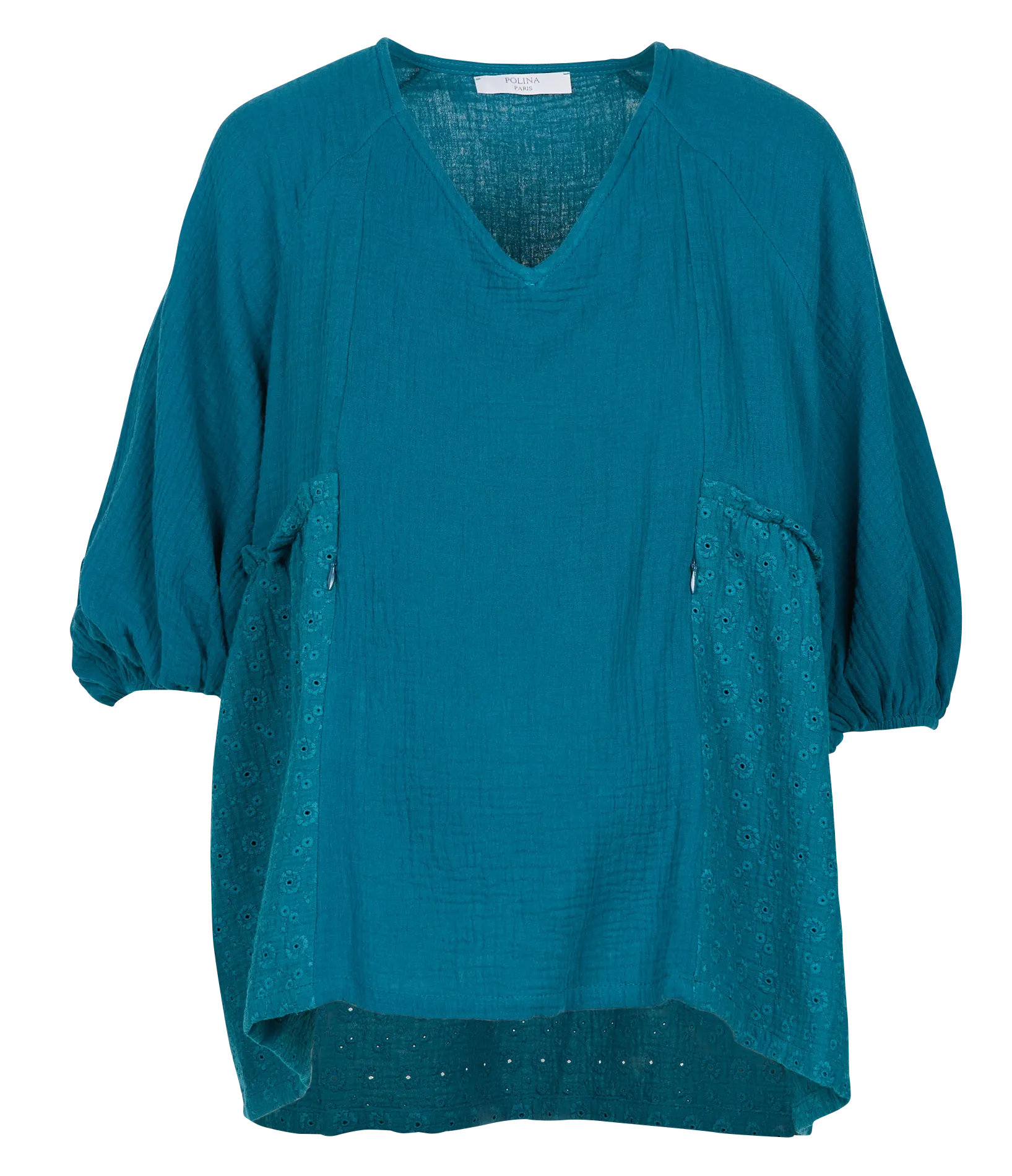 Haut de grossesse col V manches 3/4 en coton Bleu Gisèle