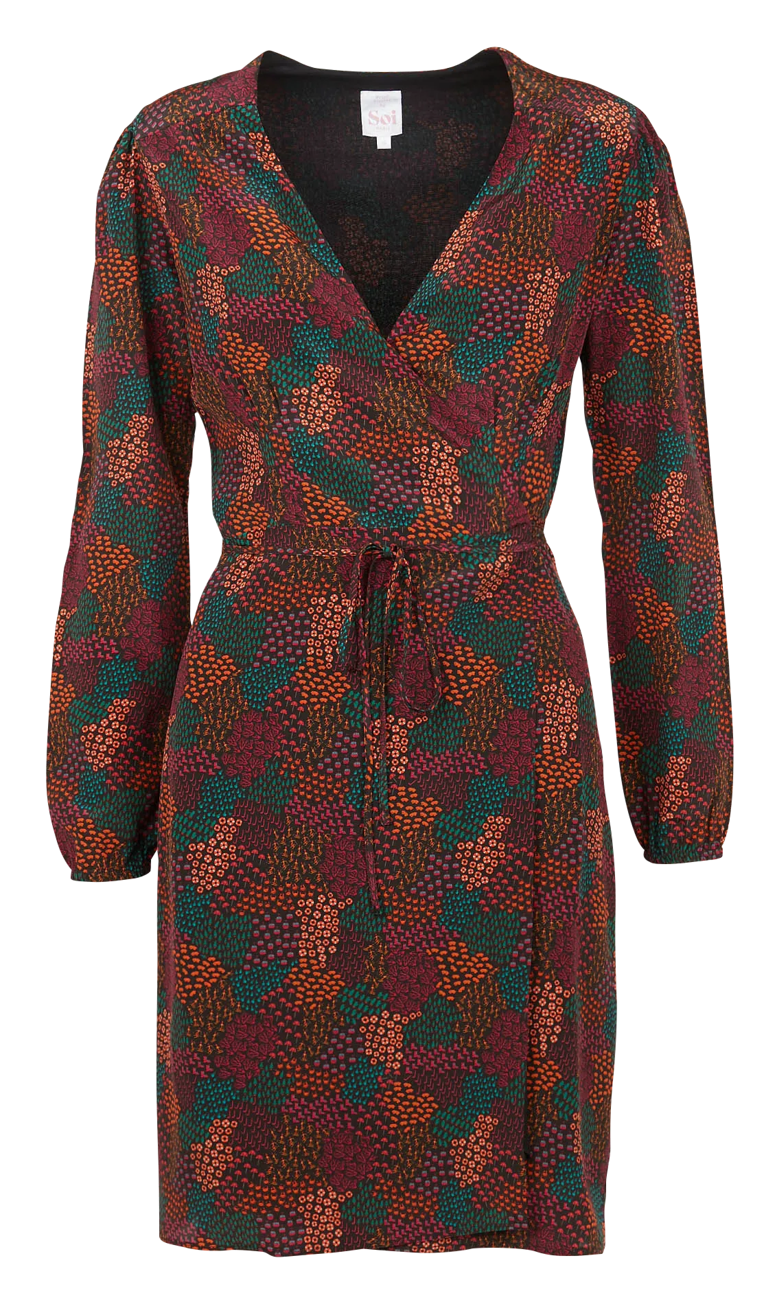 Robe courte col V imprimée en soie Marron