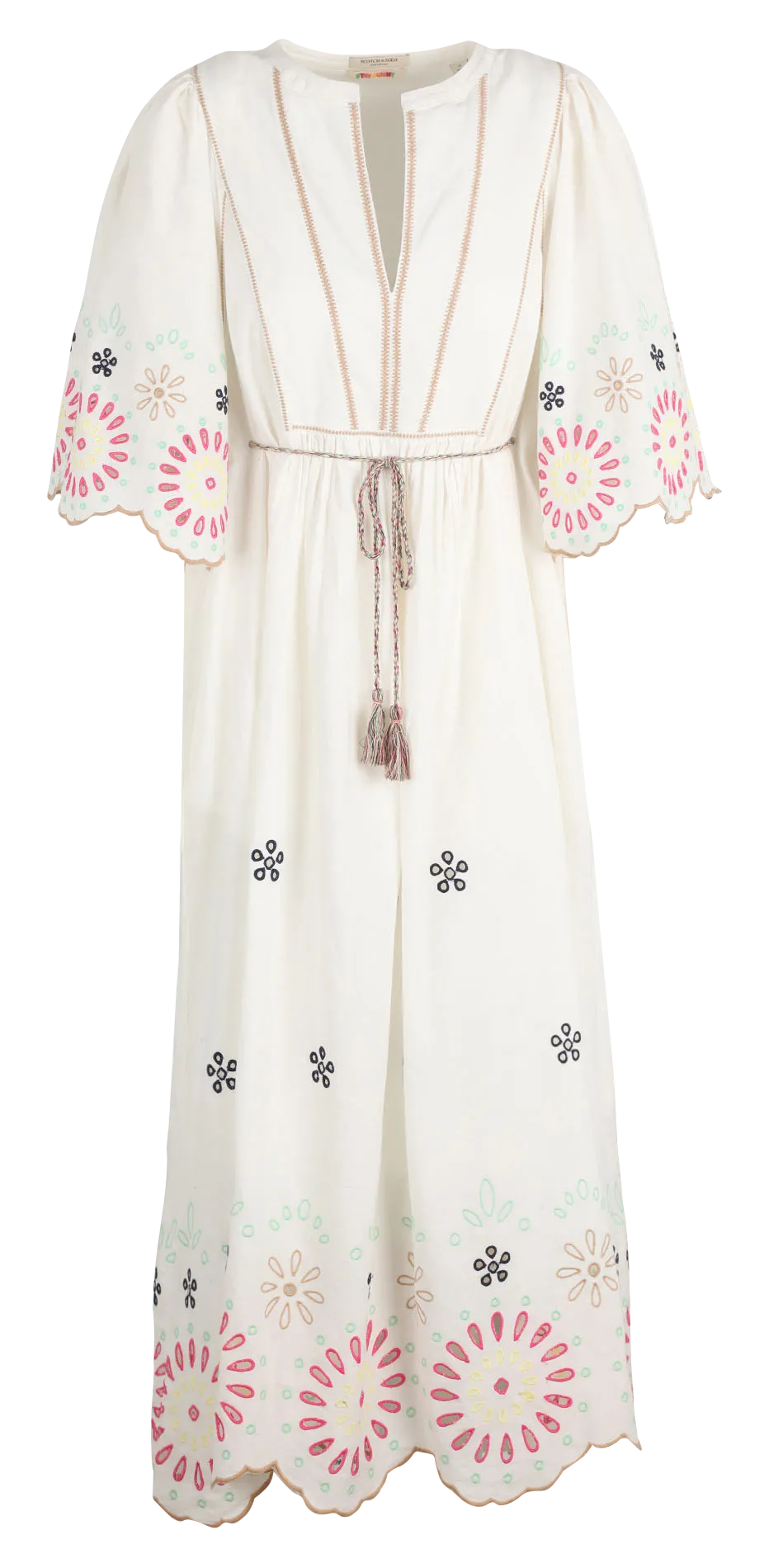 Robe à broderie ajouré coloris en coton et lin Beige