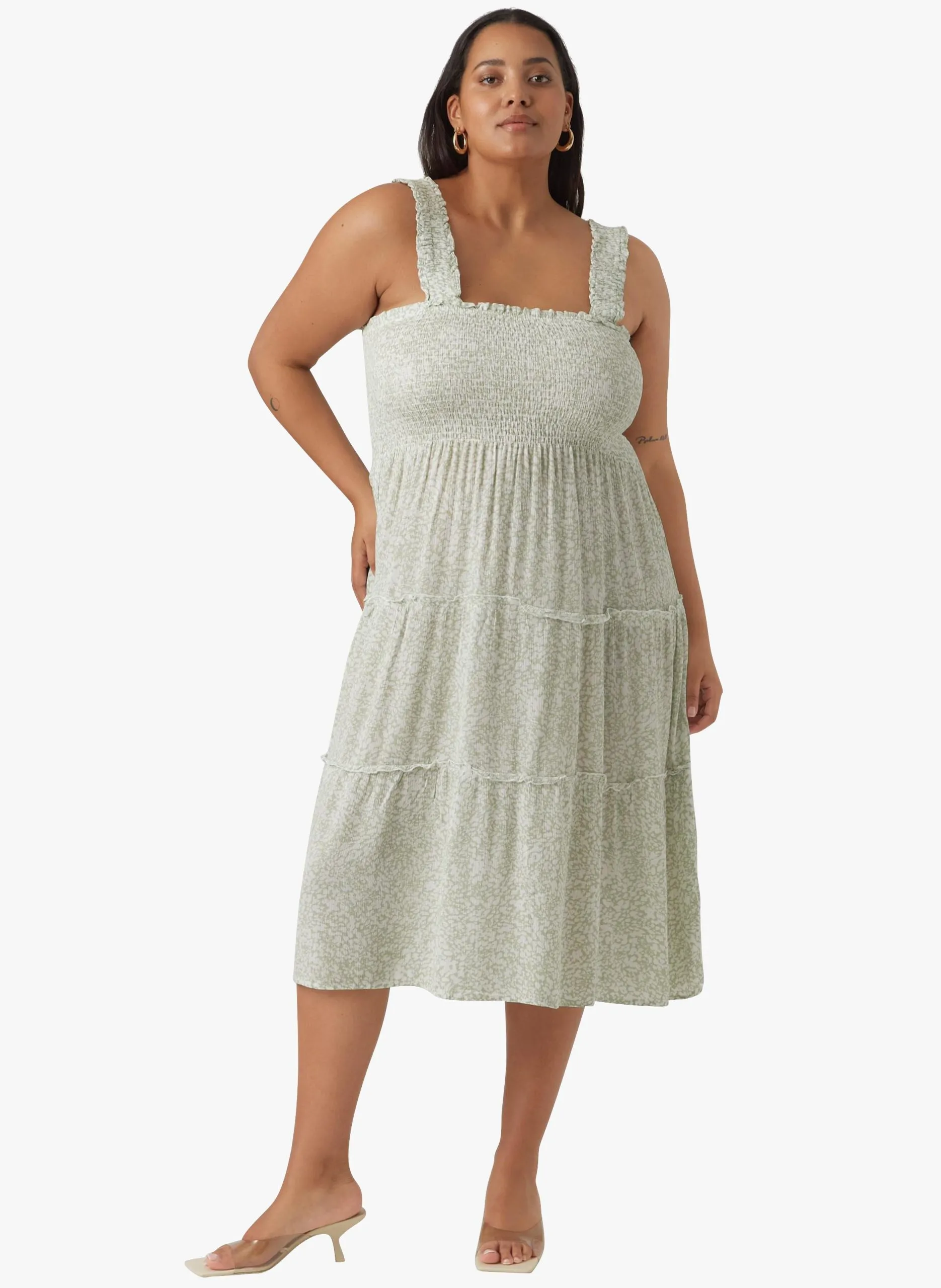 Robe col carré ample à imprimé Vert MENNY