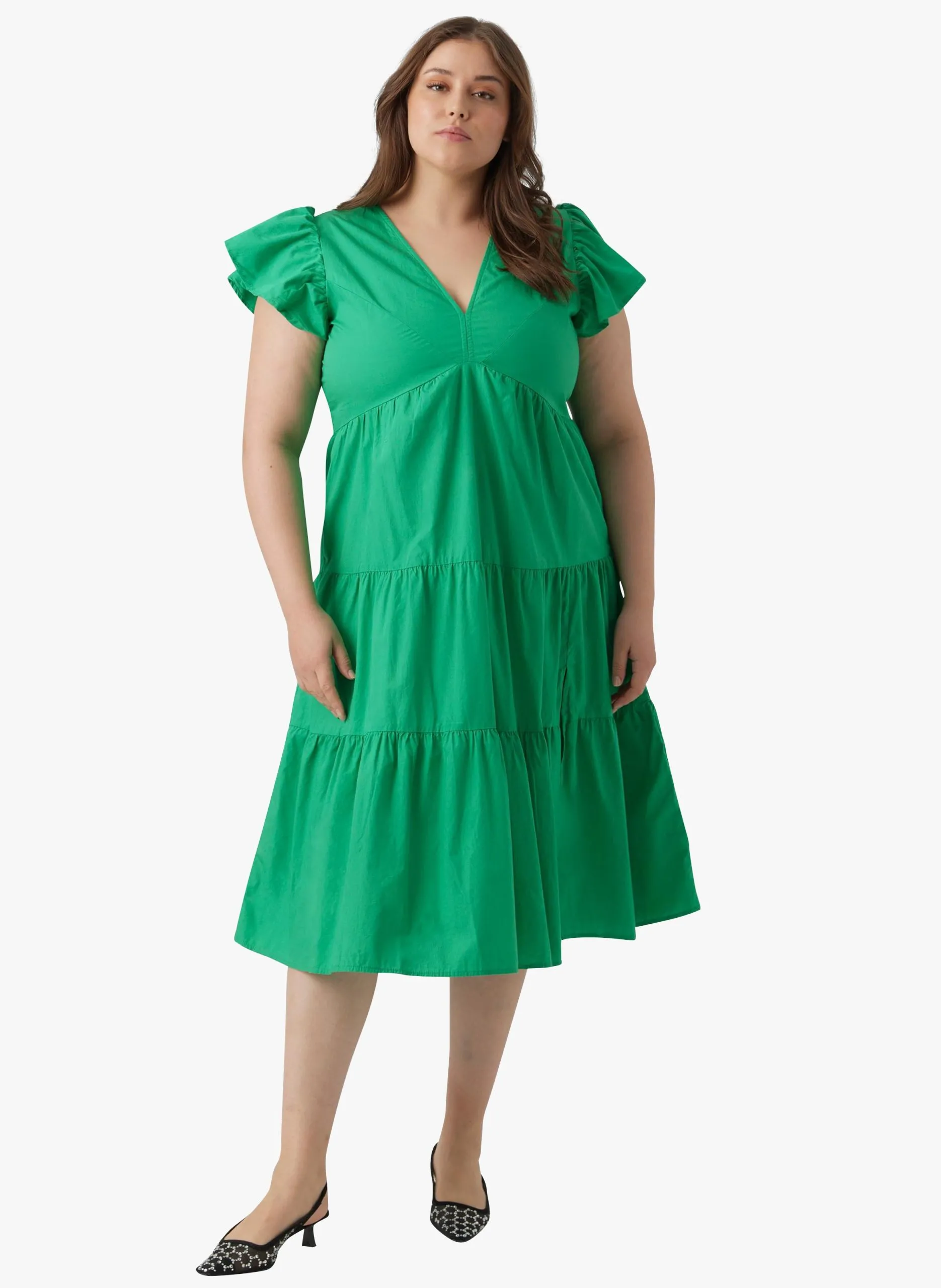 Robe midi évasée col V en coton Vert JARLOTTE