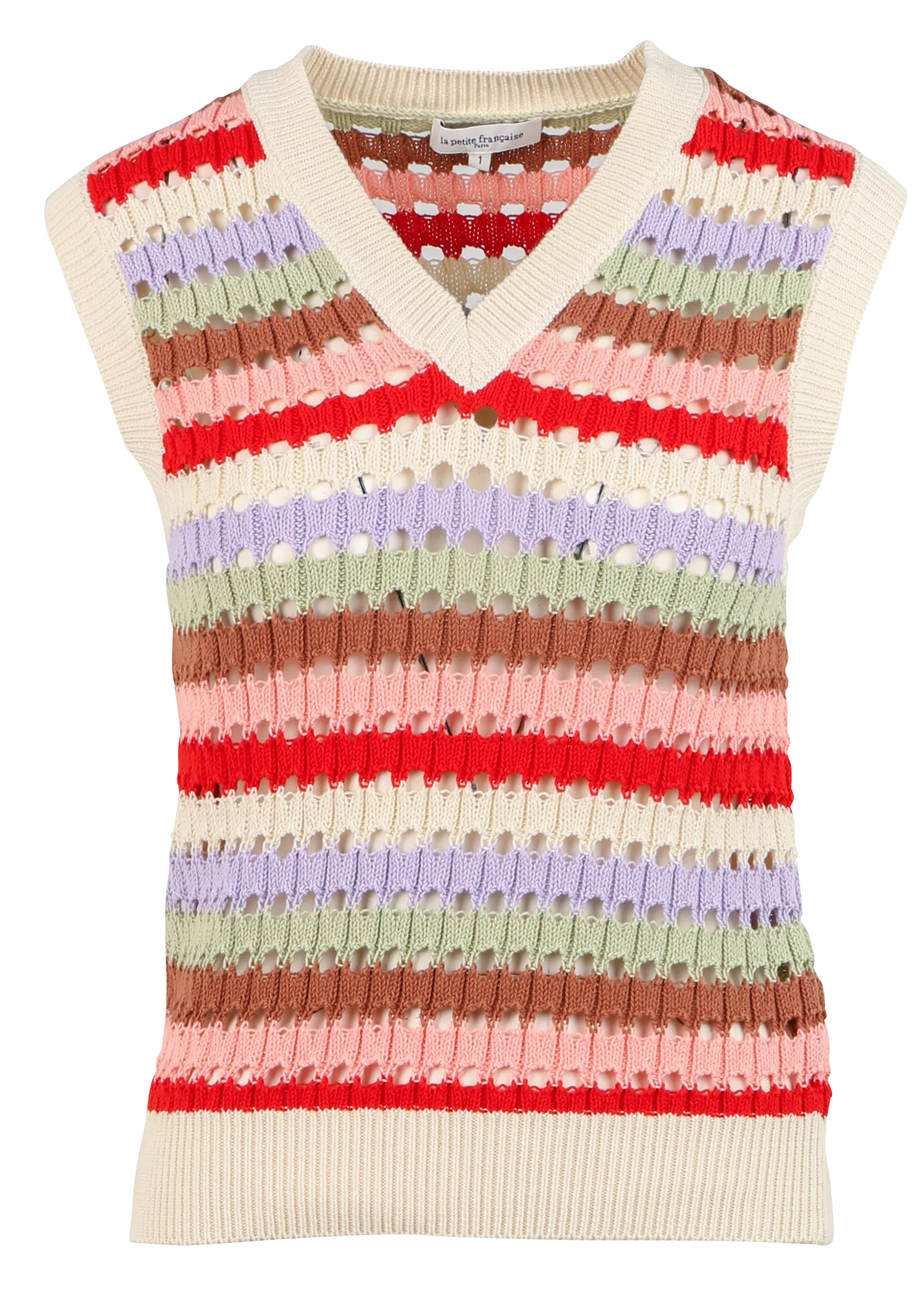 Pull col V rayé en coton Beige PATRIOTE