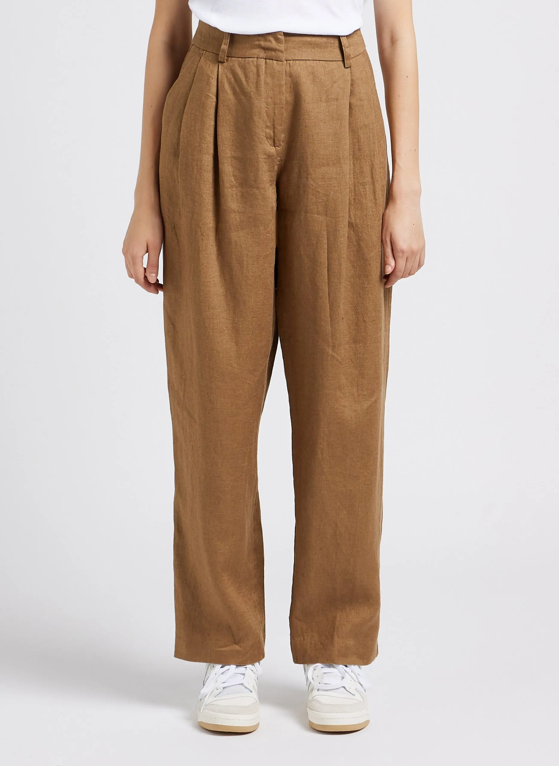 Pantalon taille haute en lin Marron LENNIE