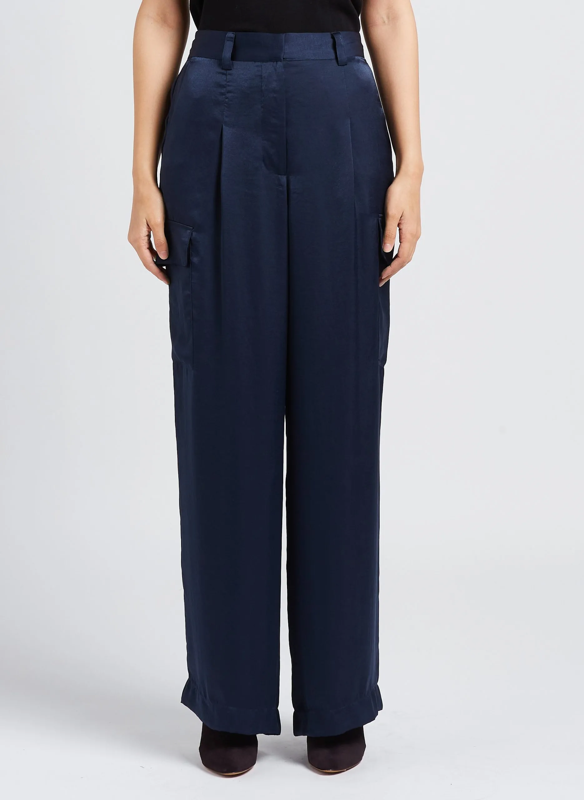 Pantalon cargo taille haute satiné Bleu CARY