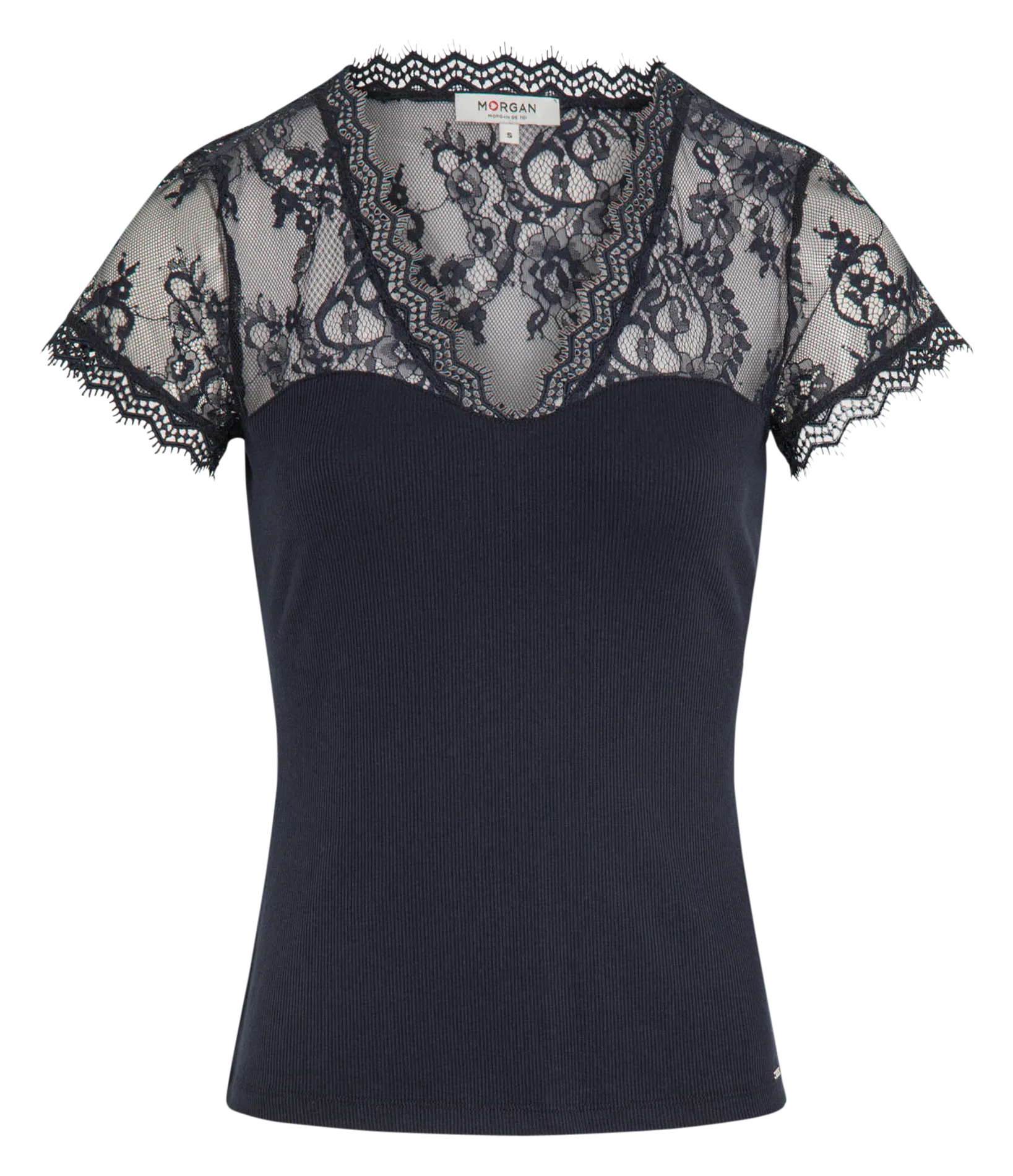 Tee-shirt col V à dentelle Bleu 232-DLAMI