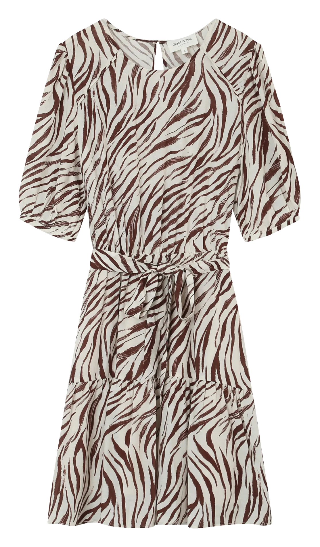 Robe courte droite col rond à imprimé Beige LAUREN