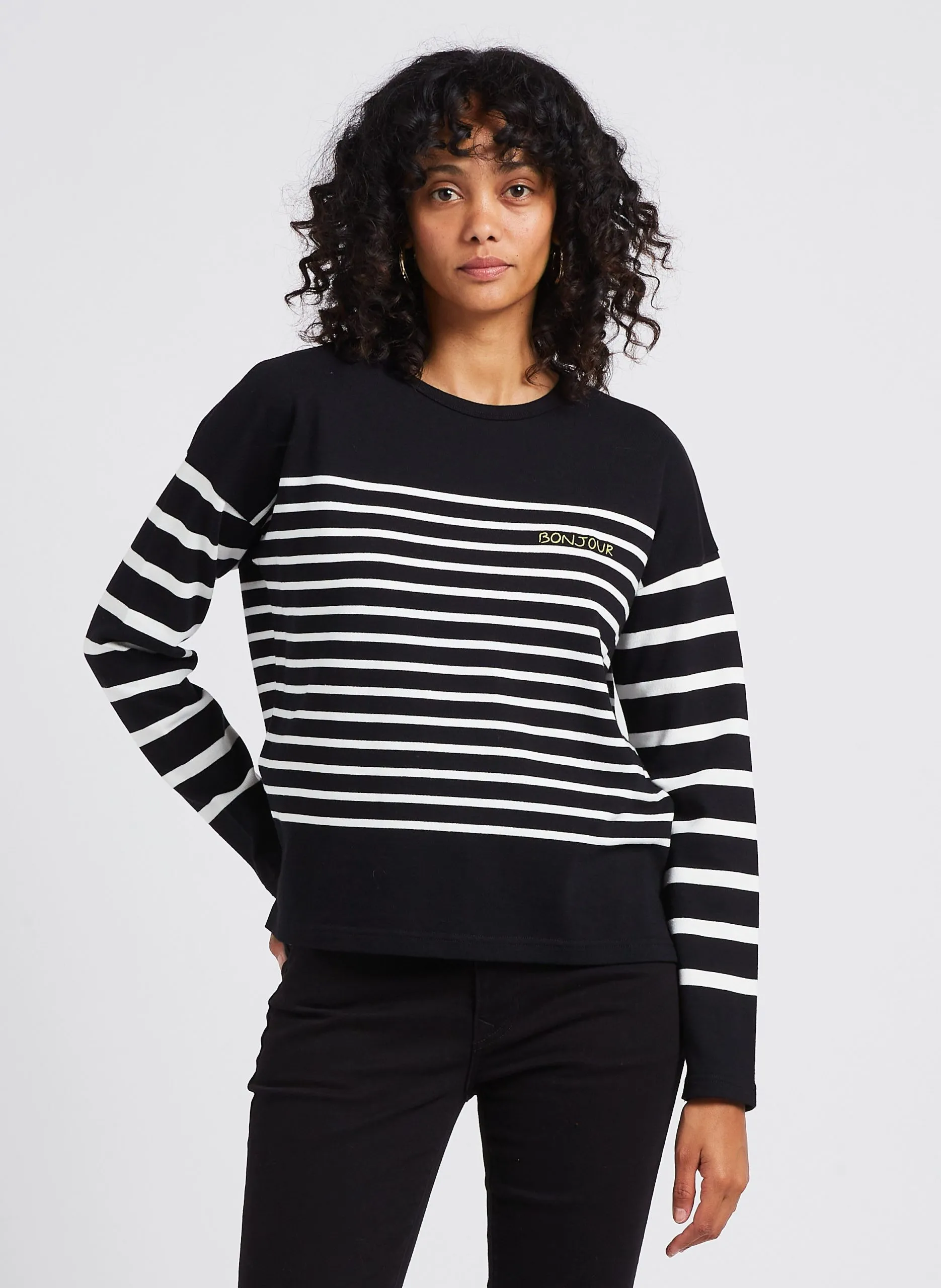 Pull col rond à rayures en coton biologique Noir MONTPAR BONJOUR GOTS