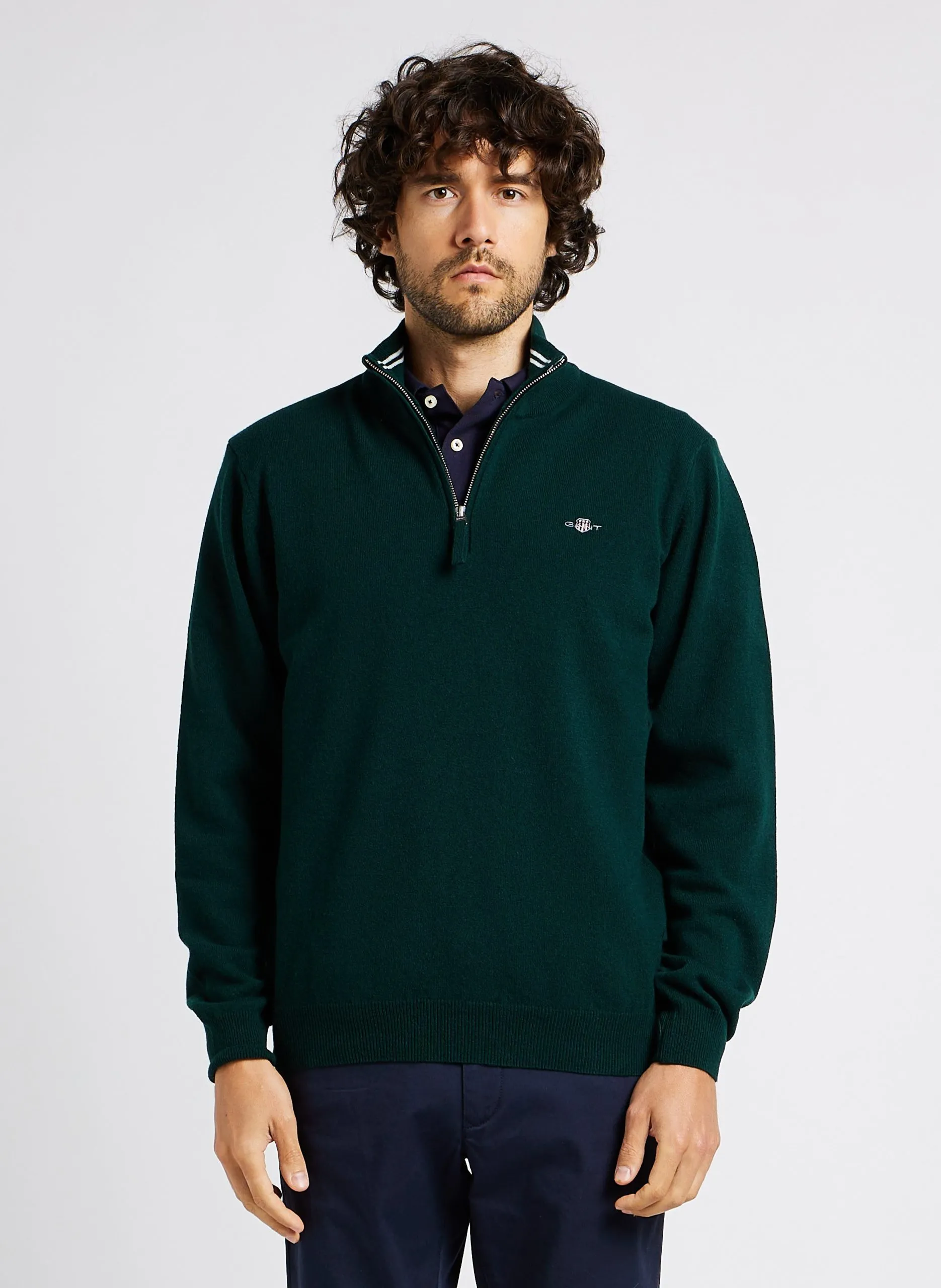 Pull droit col montant zippé en laine Vert