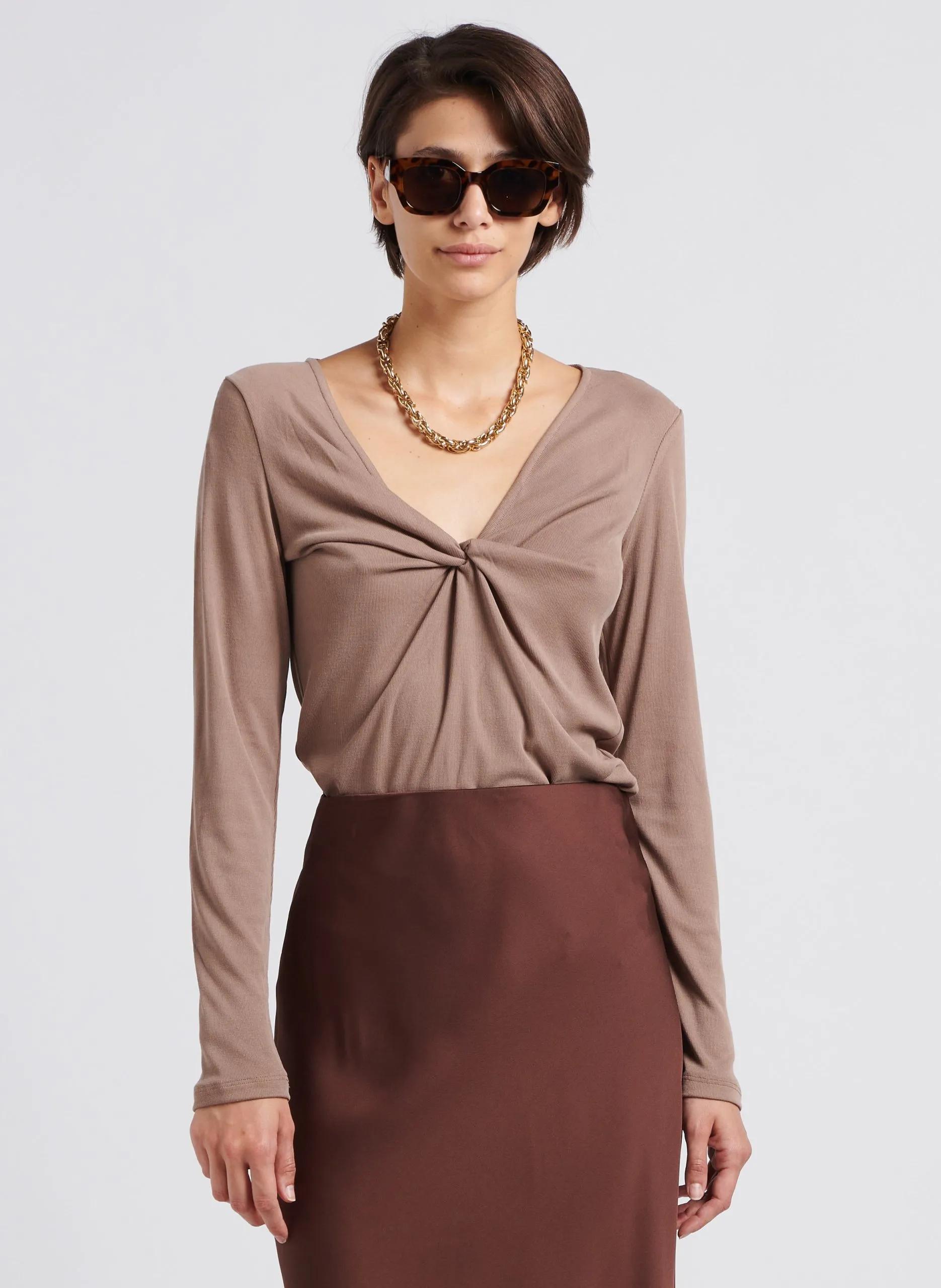 Tee-shirt manches longues à col noué Marron LULLU