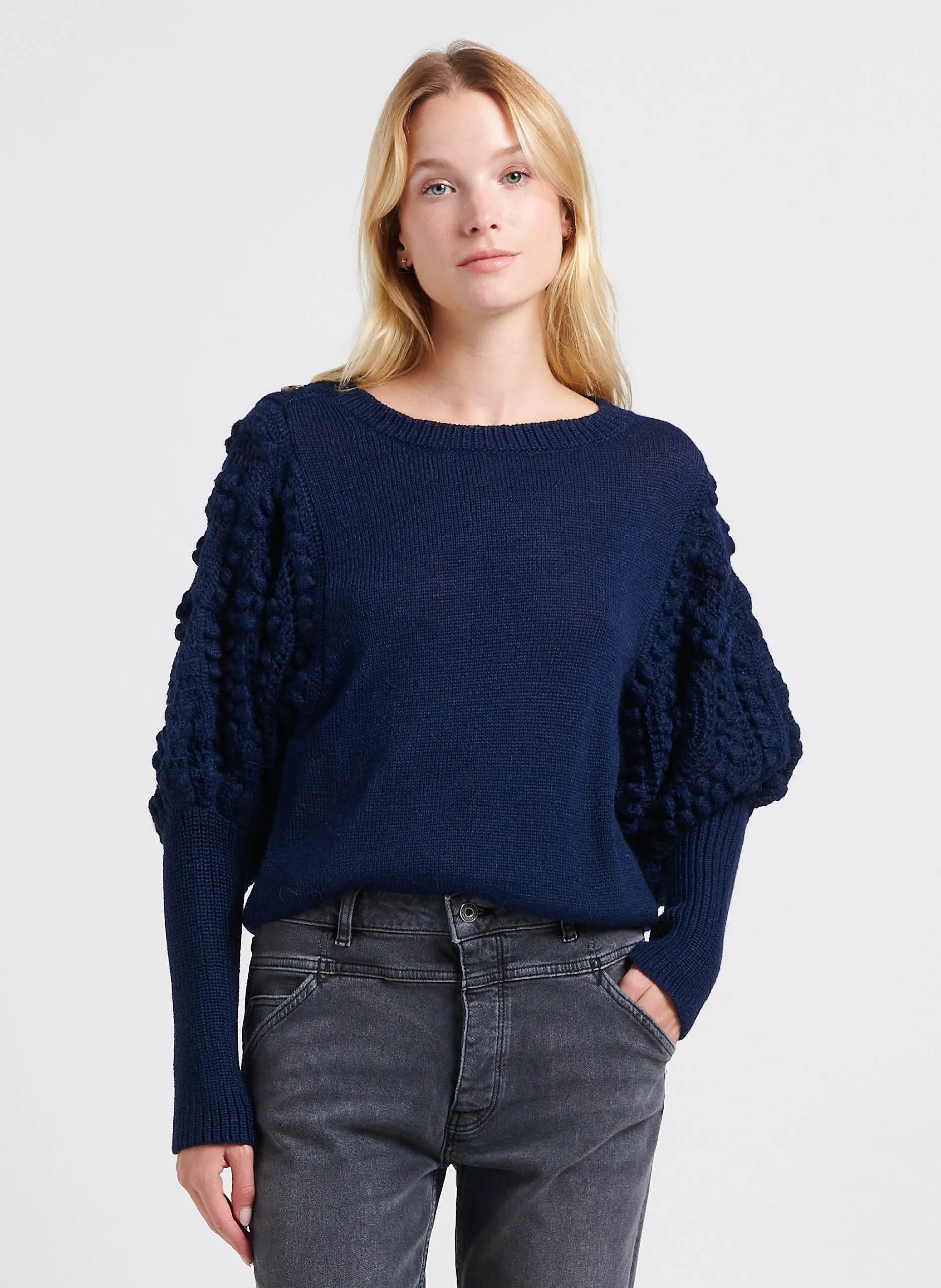 Pull col bateau crochet en alpaga Bleu FIORELLA