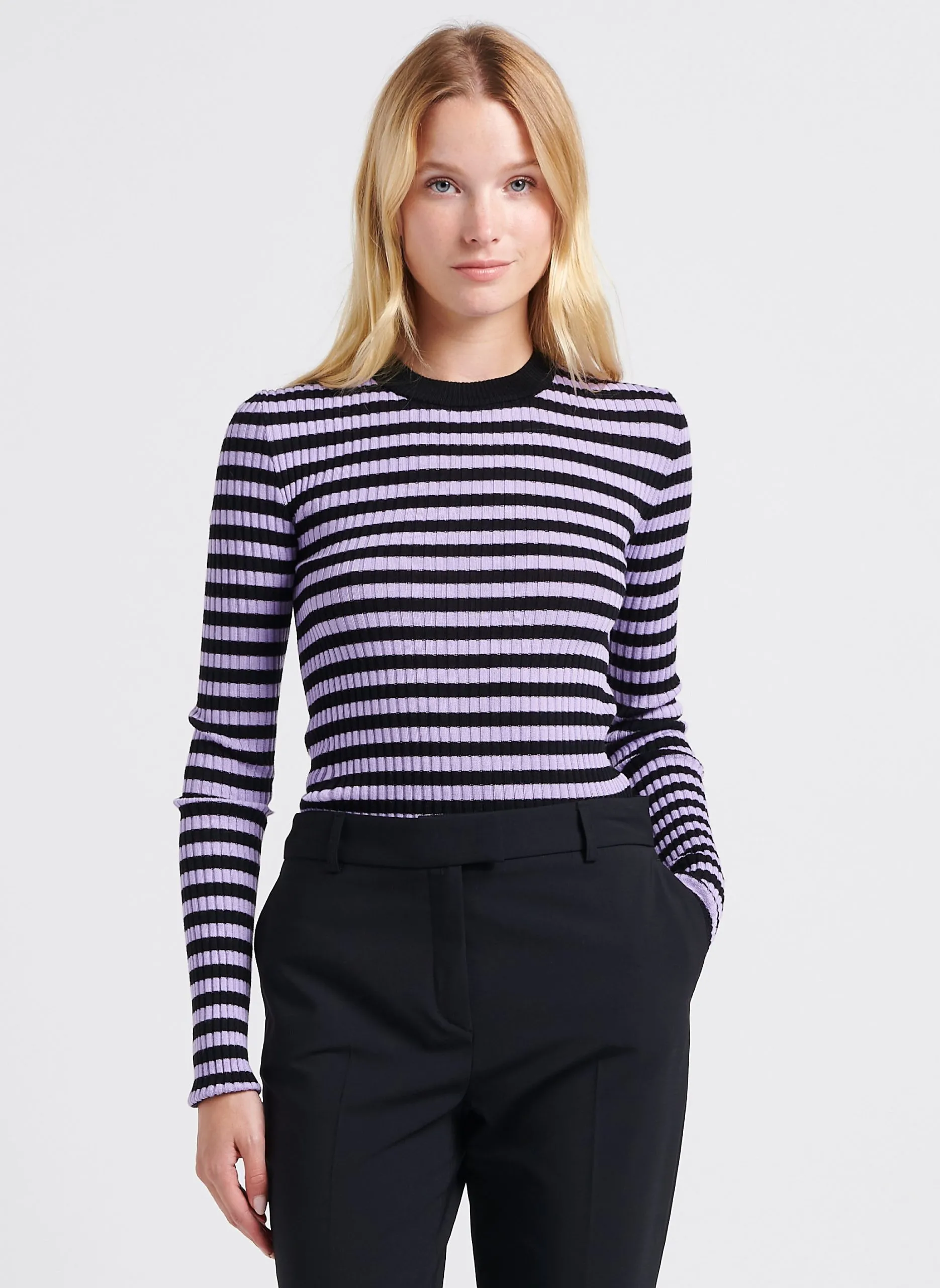 Pull col rond rayé en laine Noir