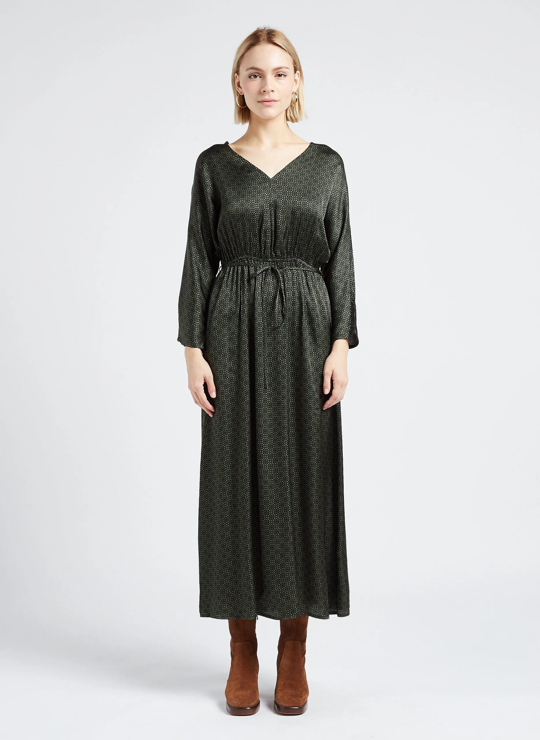 Robe midi col V imprimée Vert LUNA