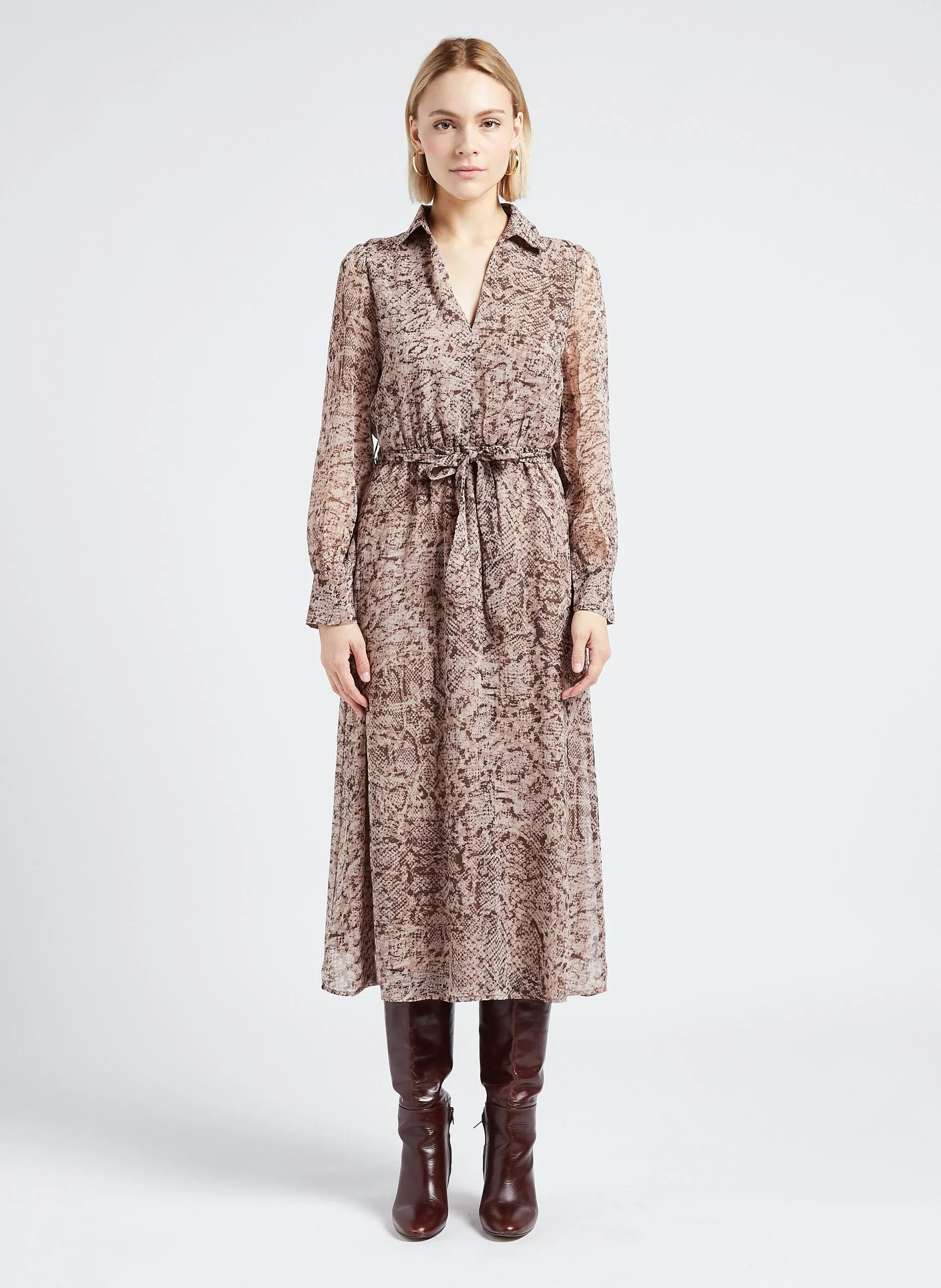 Robe mi-longue col italien imprimée Beige LORETTE