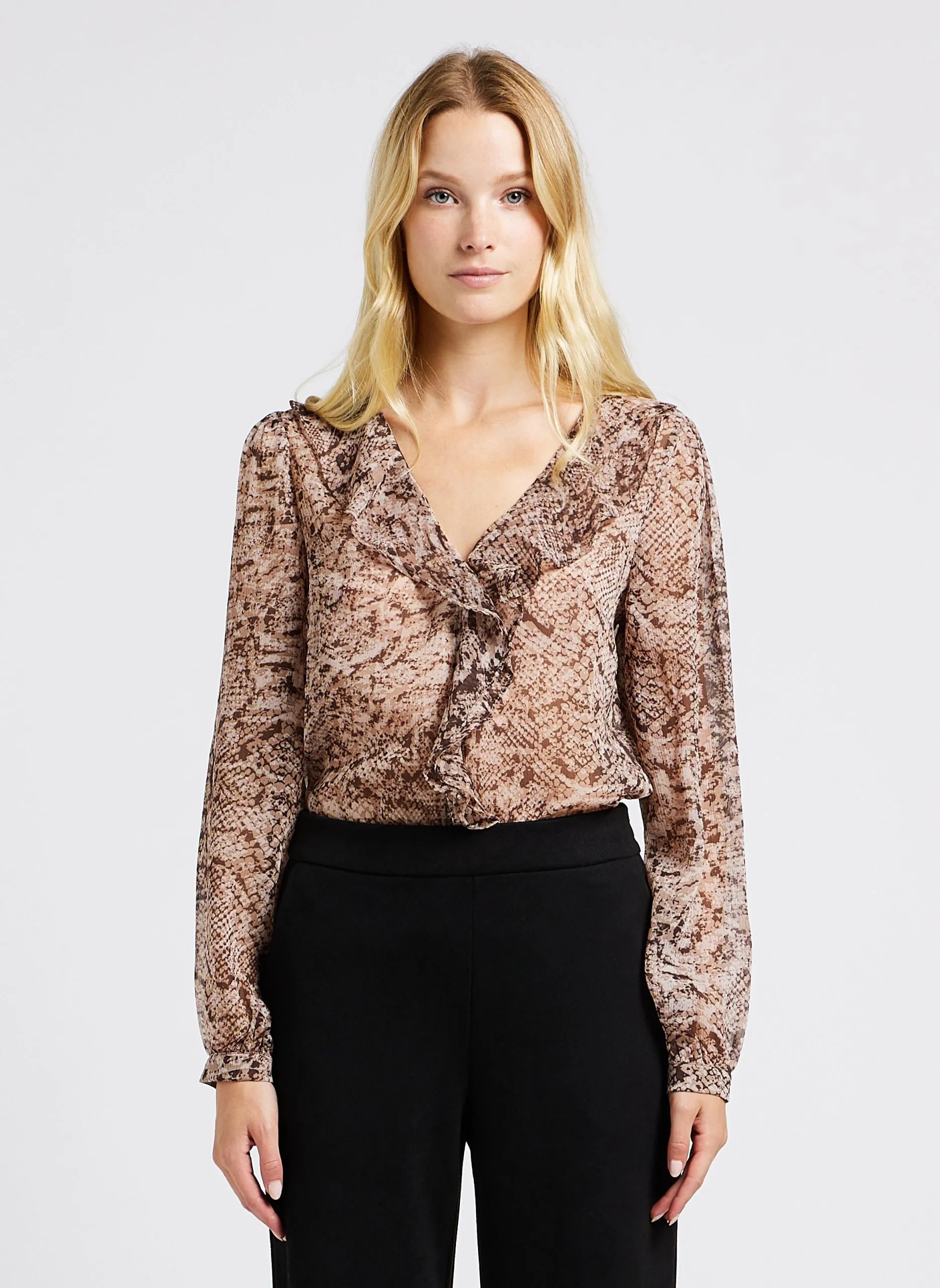 Top col V imprimé python à volants Beige LISANE