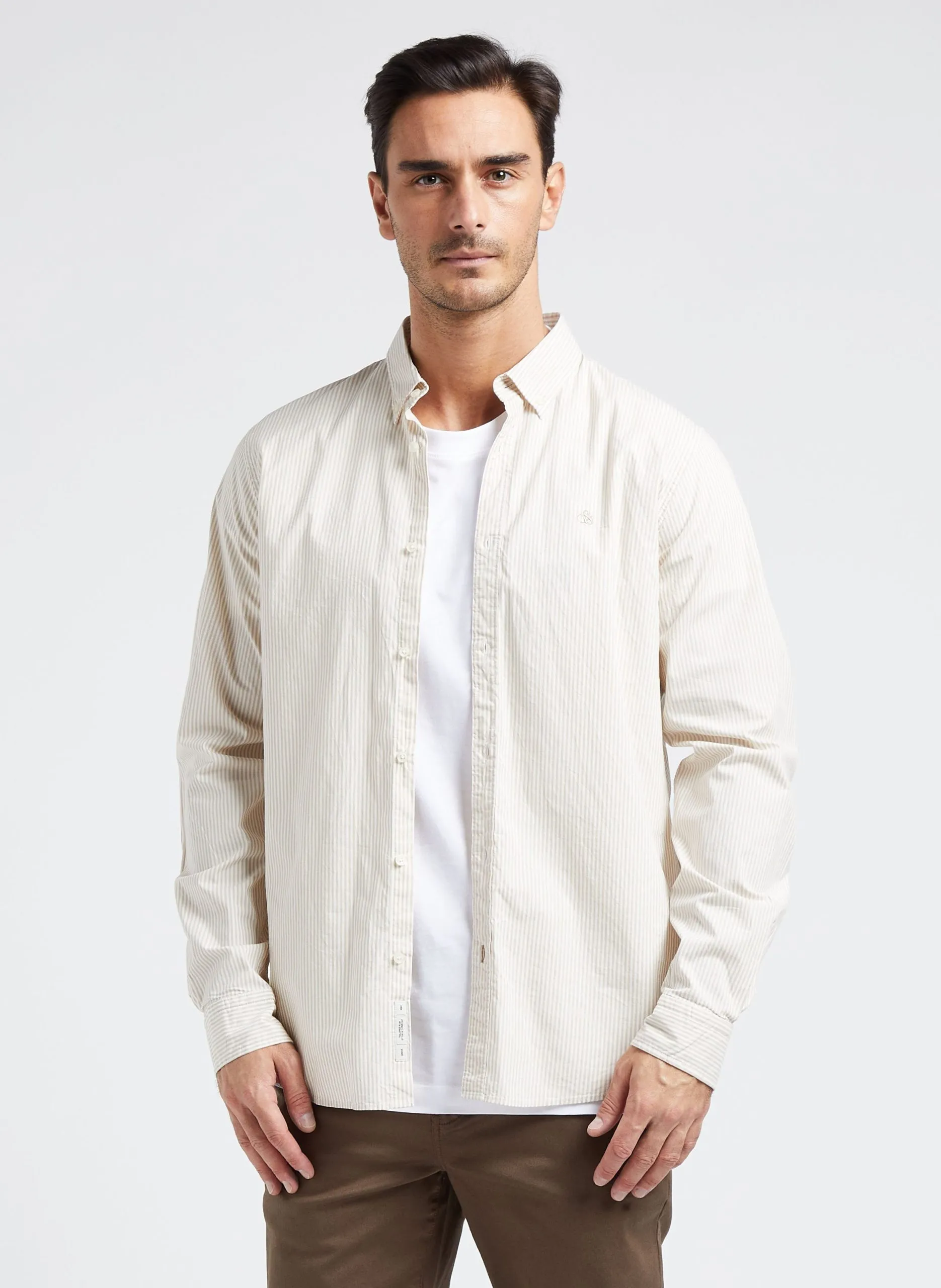 Chemise col classique rayée en coton bio mélangé Beige