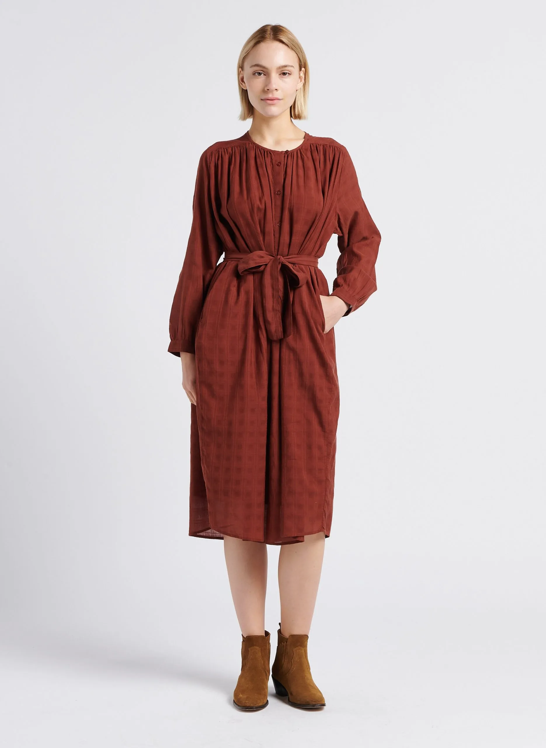 Robe mi-longue col rond en coton mélangé Marron HANOVRE