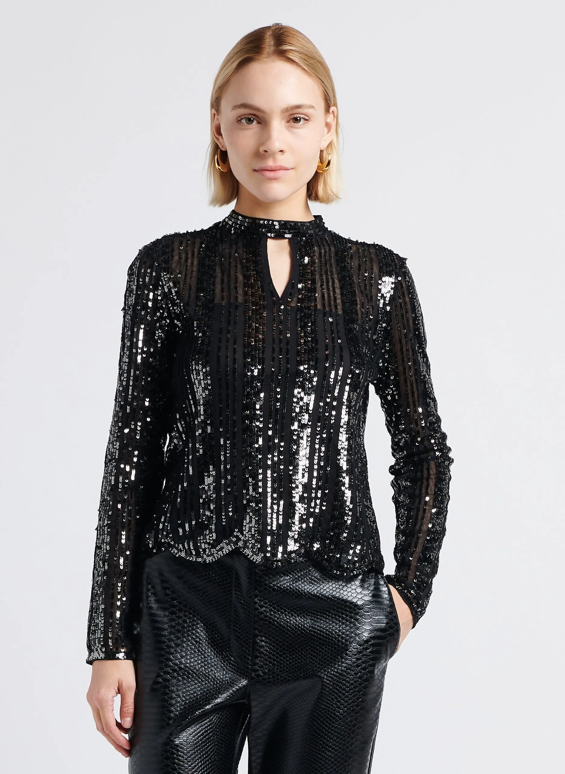 Top col rond à sequins Noir