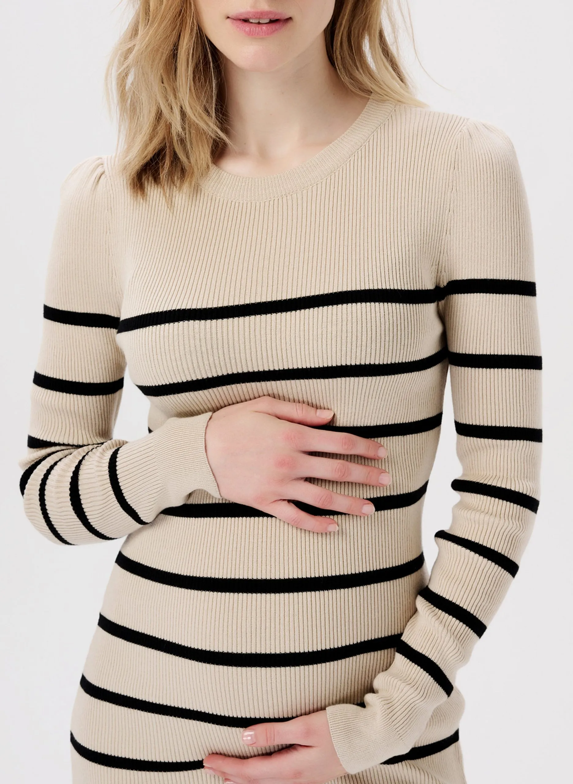 Robe midi col rond à rayures en coton bio mélangé Beige VENA