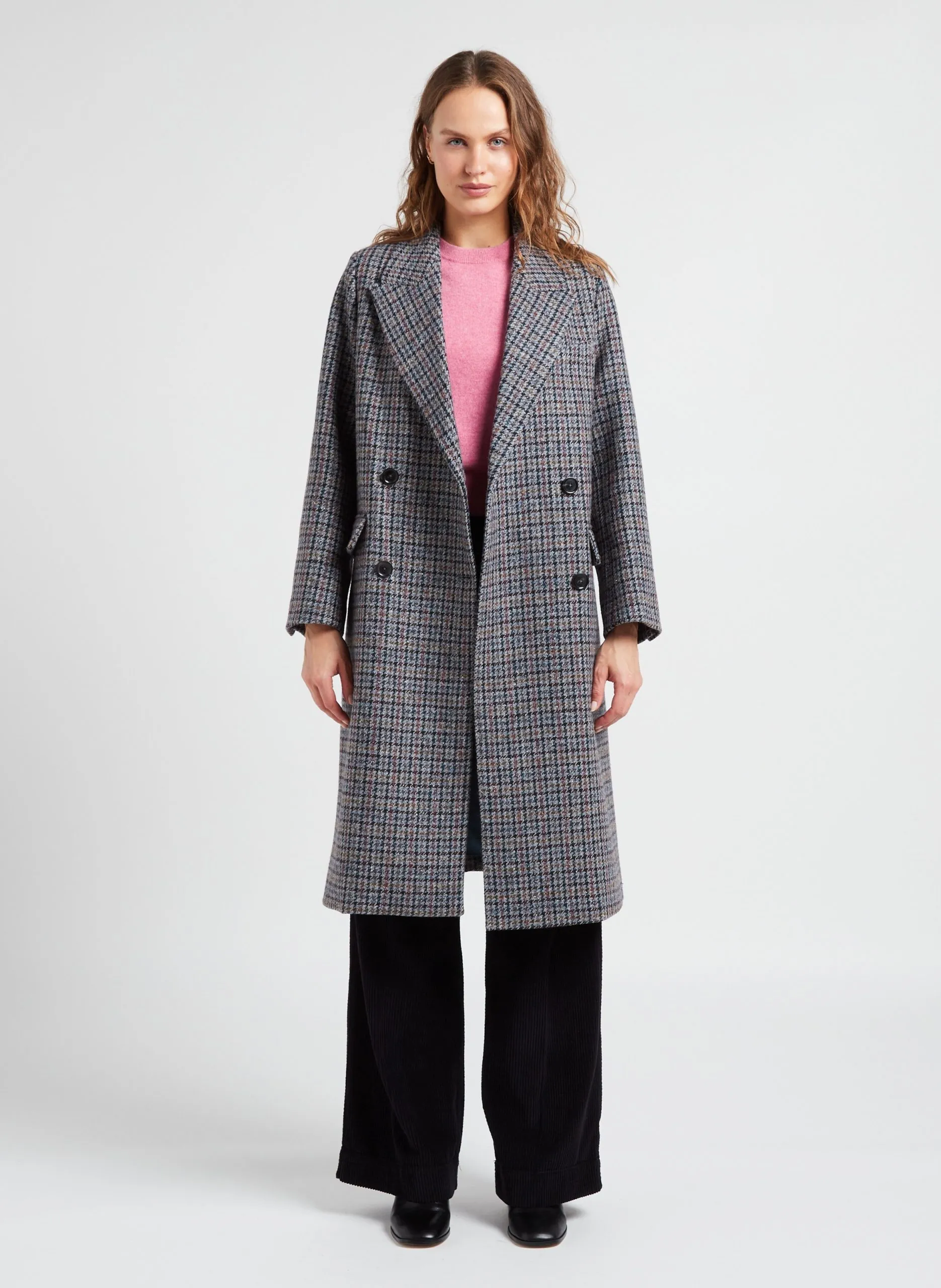 Manteau long col tailleur à carreaux en laine mélangée Bleu RODEZ