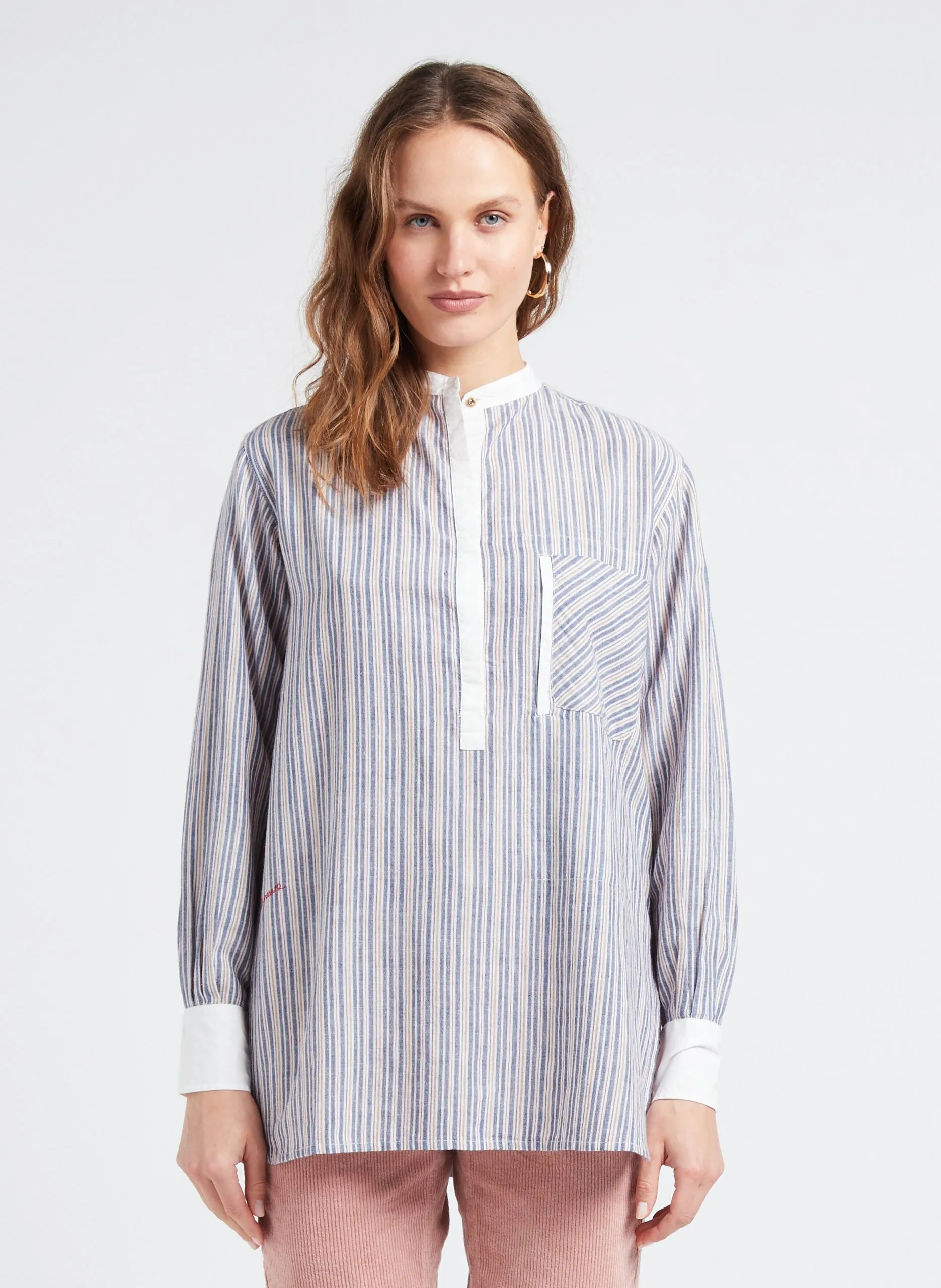 Blouse ample col mao en coton Bleu LORI