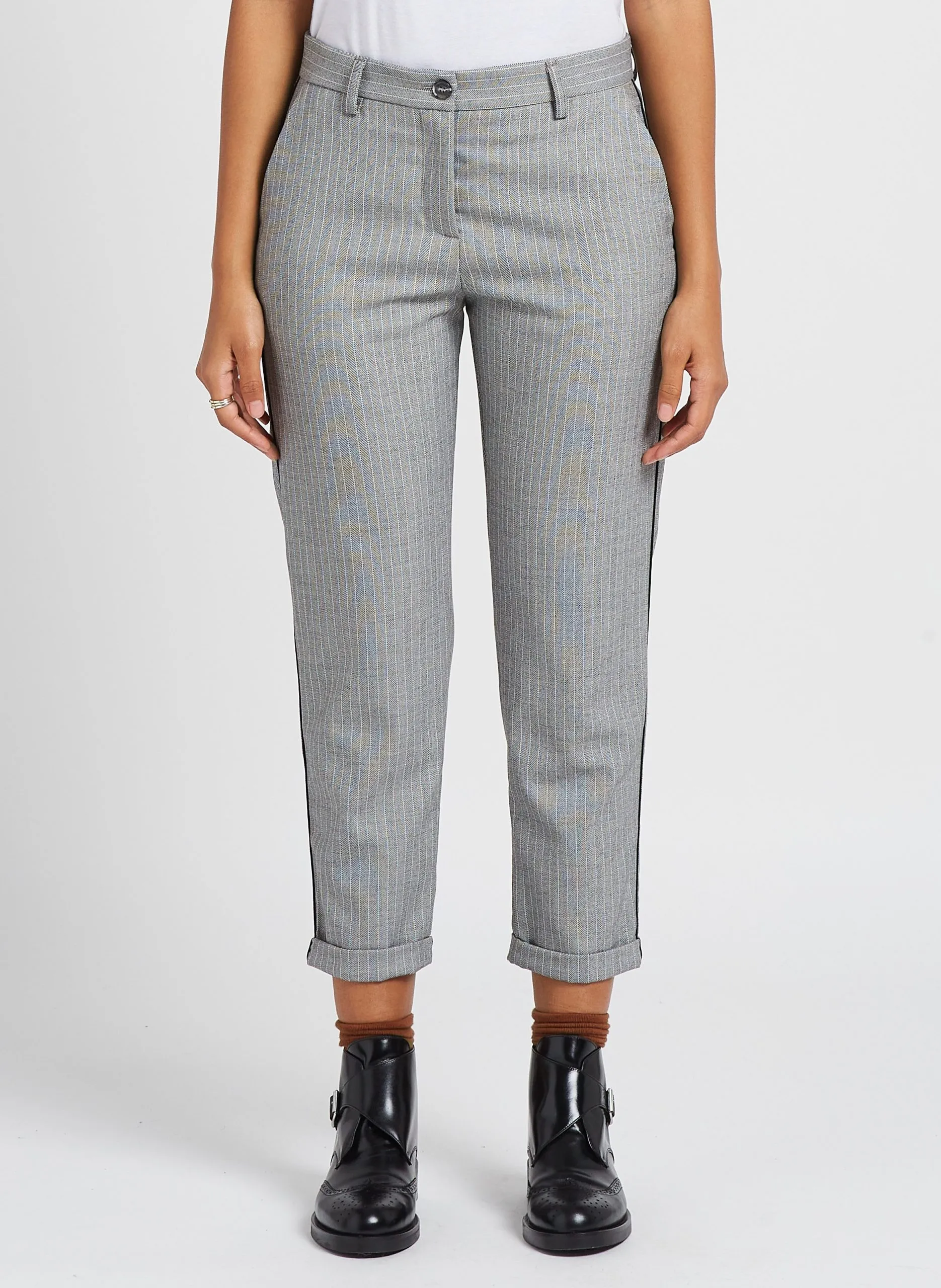 Pantalon droit taille haute à rayures Noir