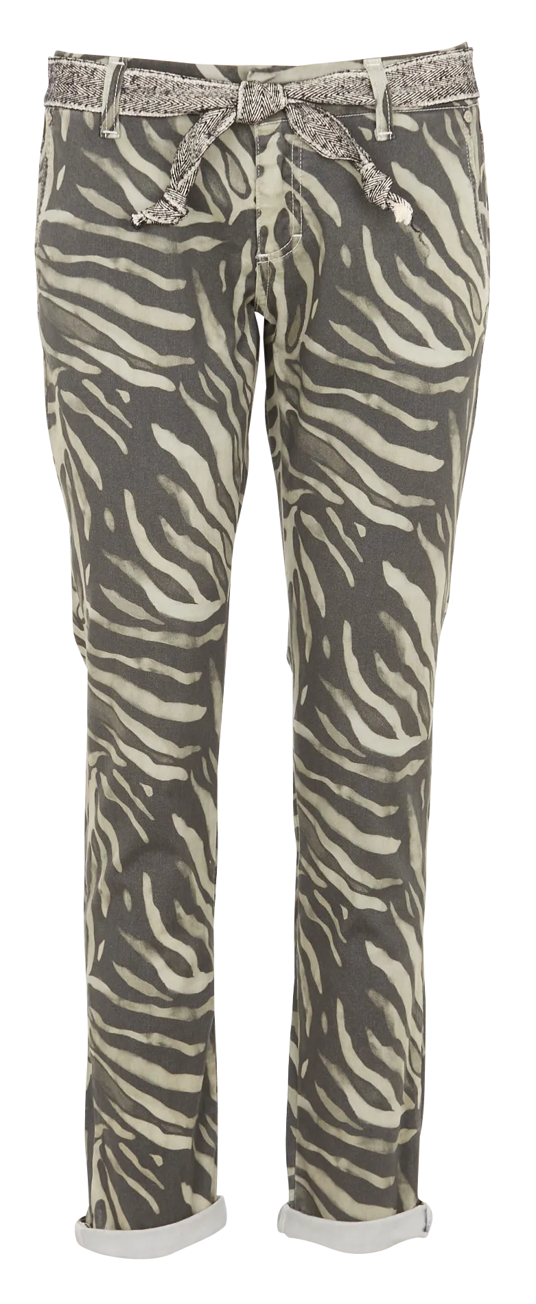 Pantalon chino ceinturé motif feuillage Beige