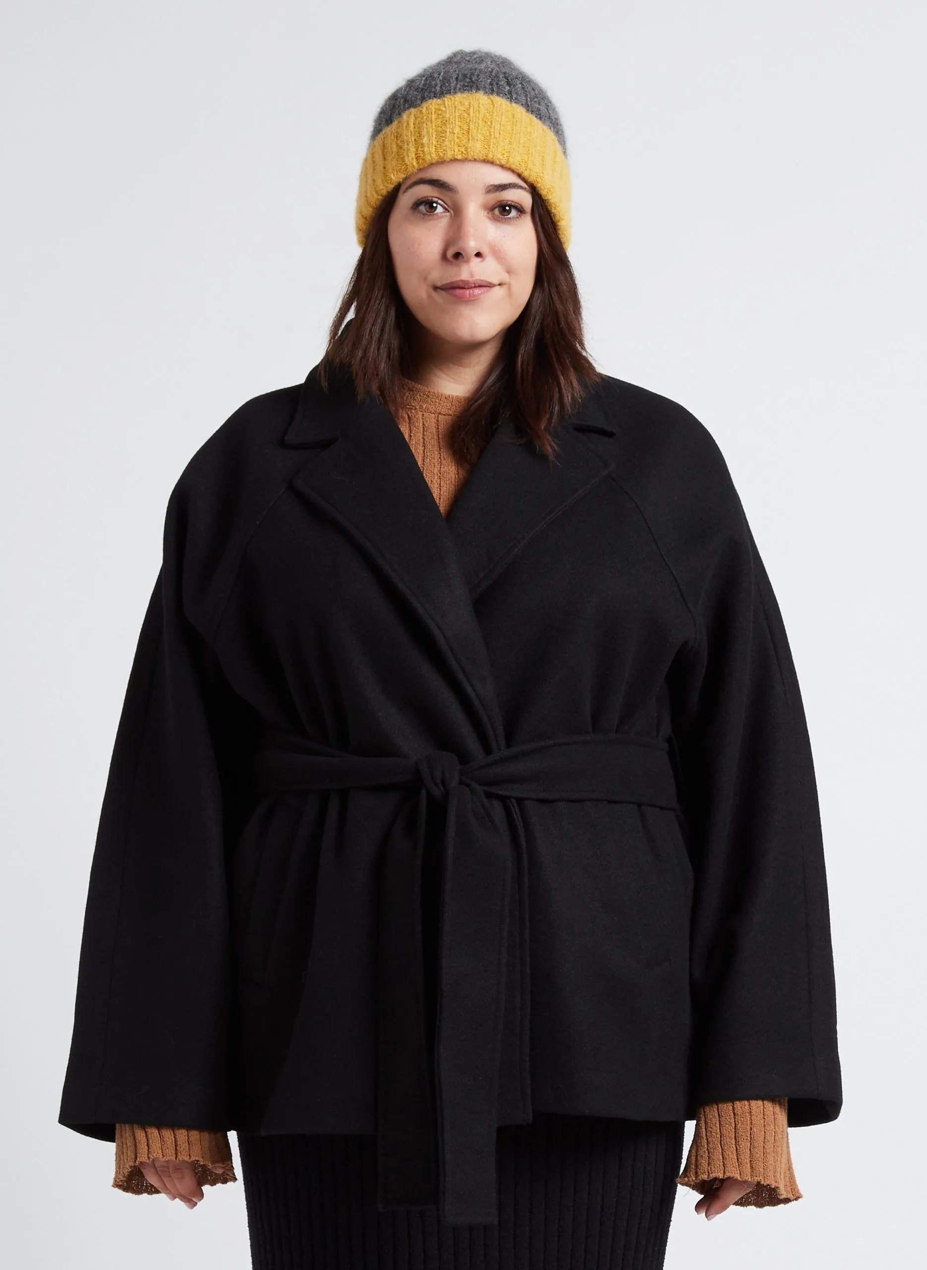 Manteau col tailleur ceinturé Noir