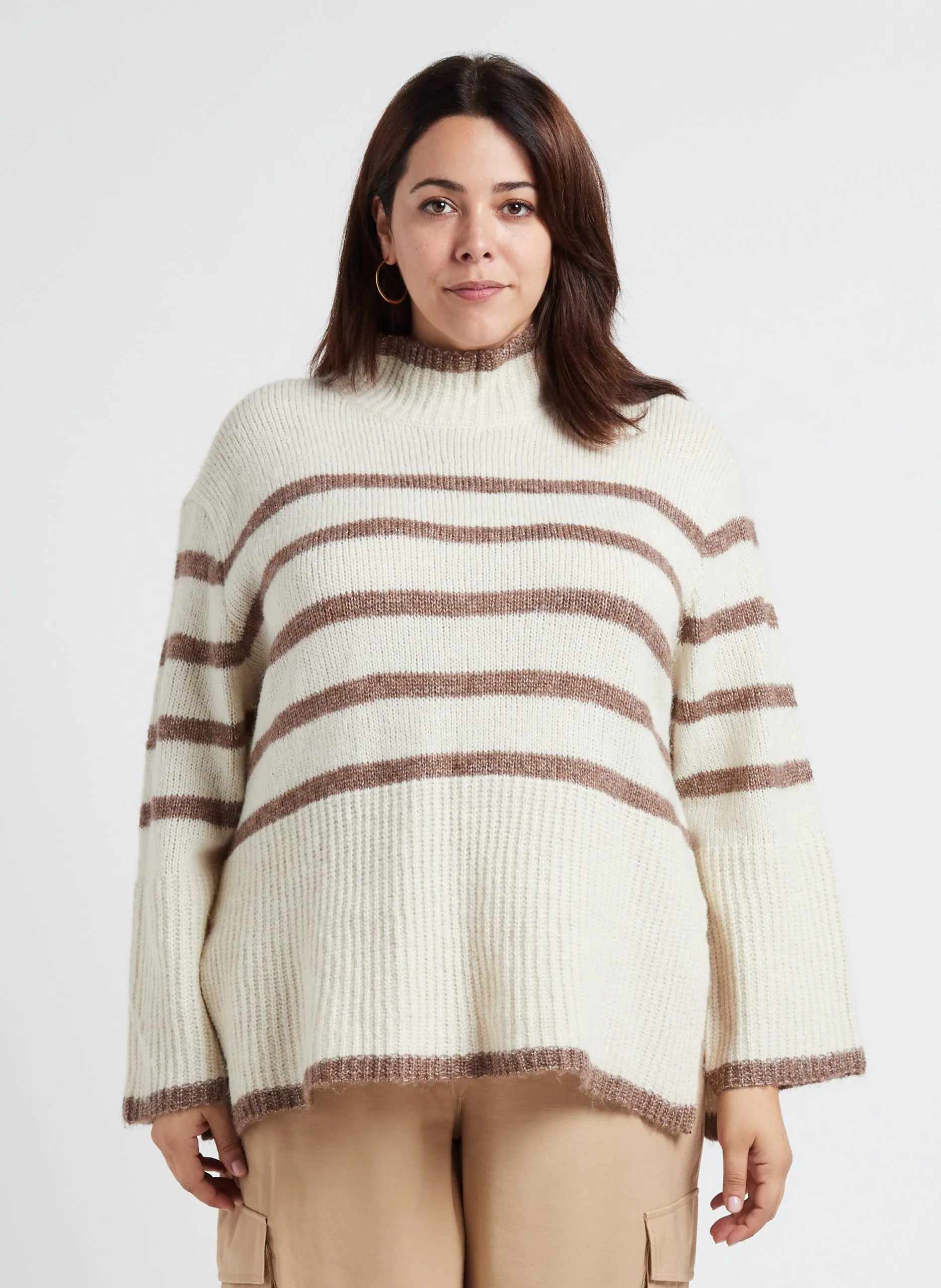 Pull col montant à rayures Beige WIONA