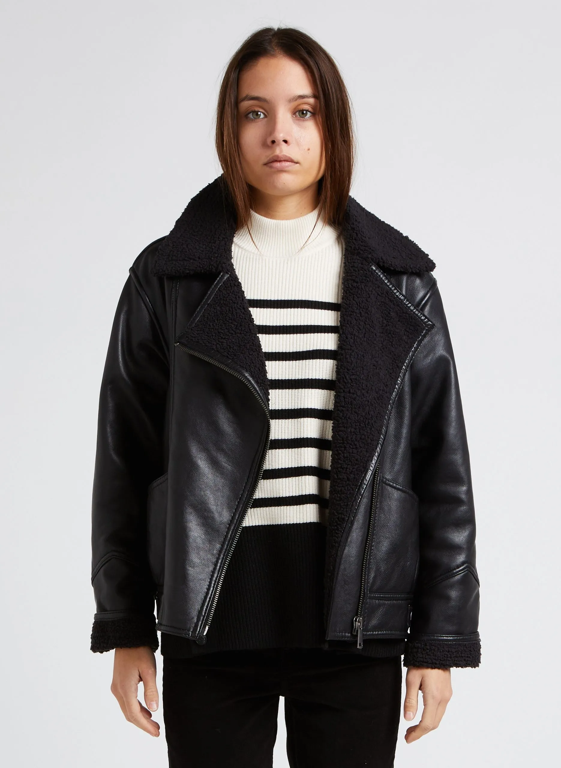 Manteau droit col classique en cuir Noir FOLIO