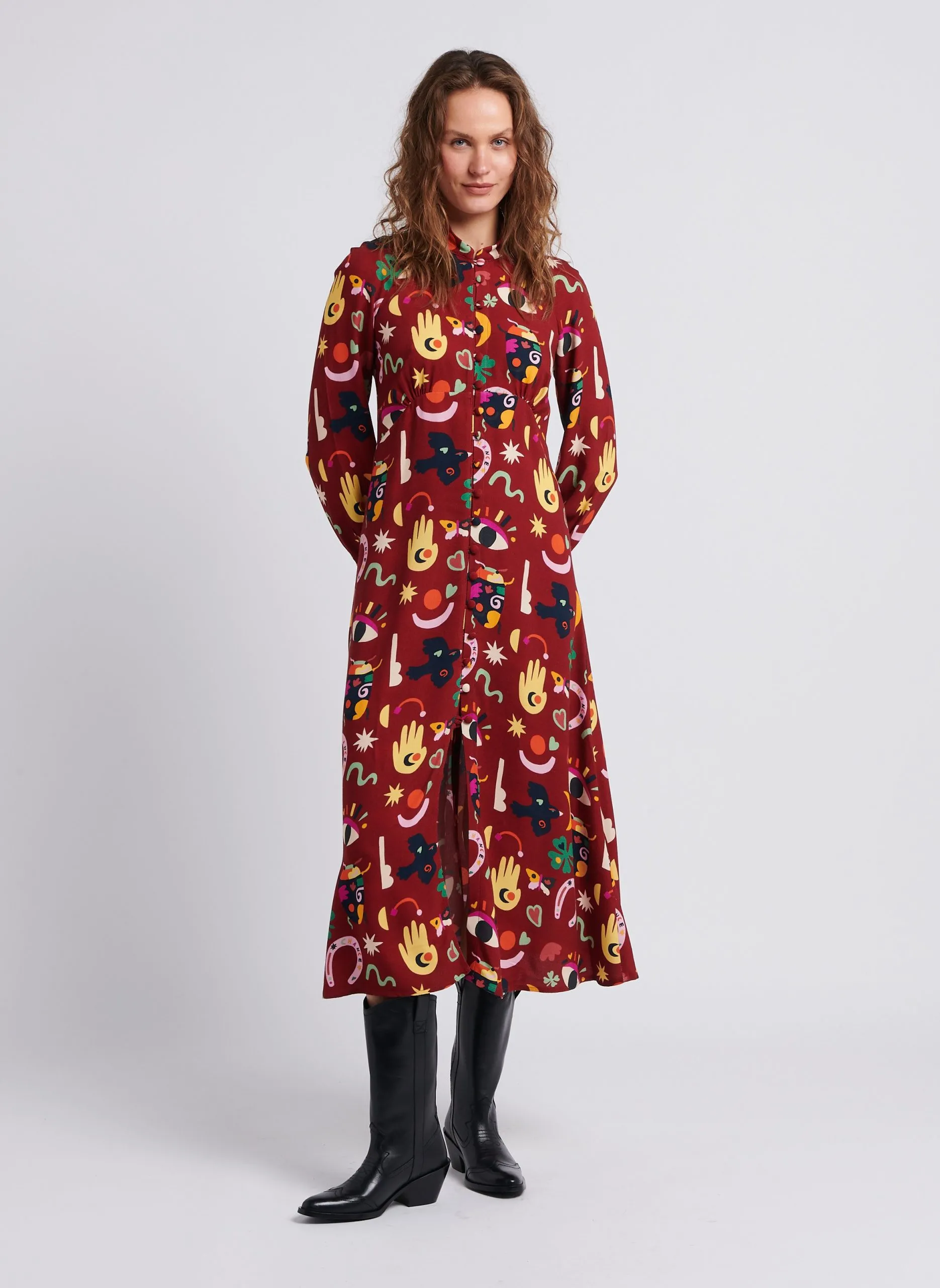 Robe longue col rond imprimée Rouge VICTORIA