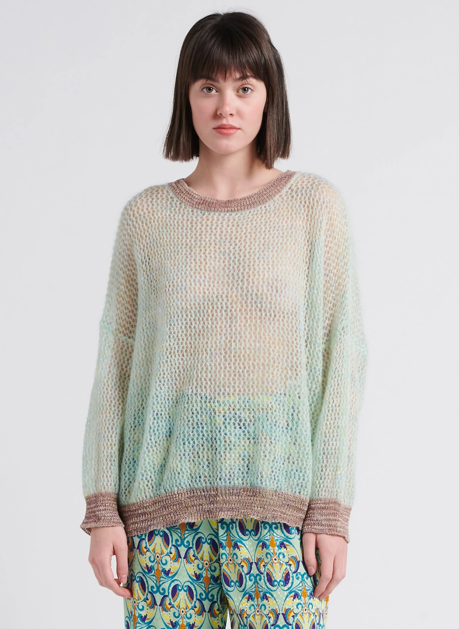 Pull ample col rond en laine mélangée Bleu BELLA