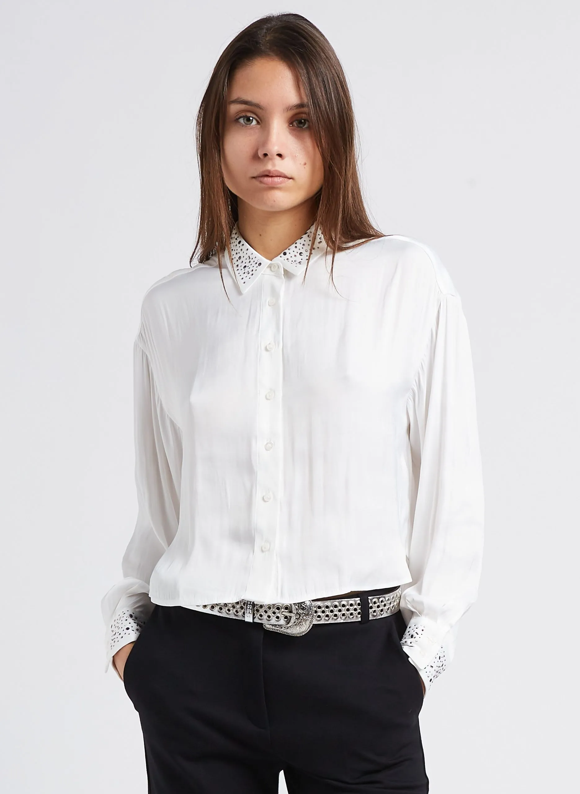 Chemise courte col classique à strass Blanc