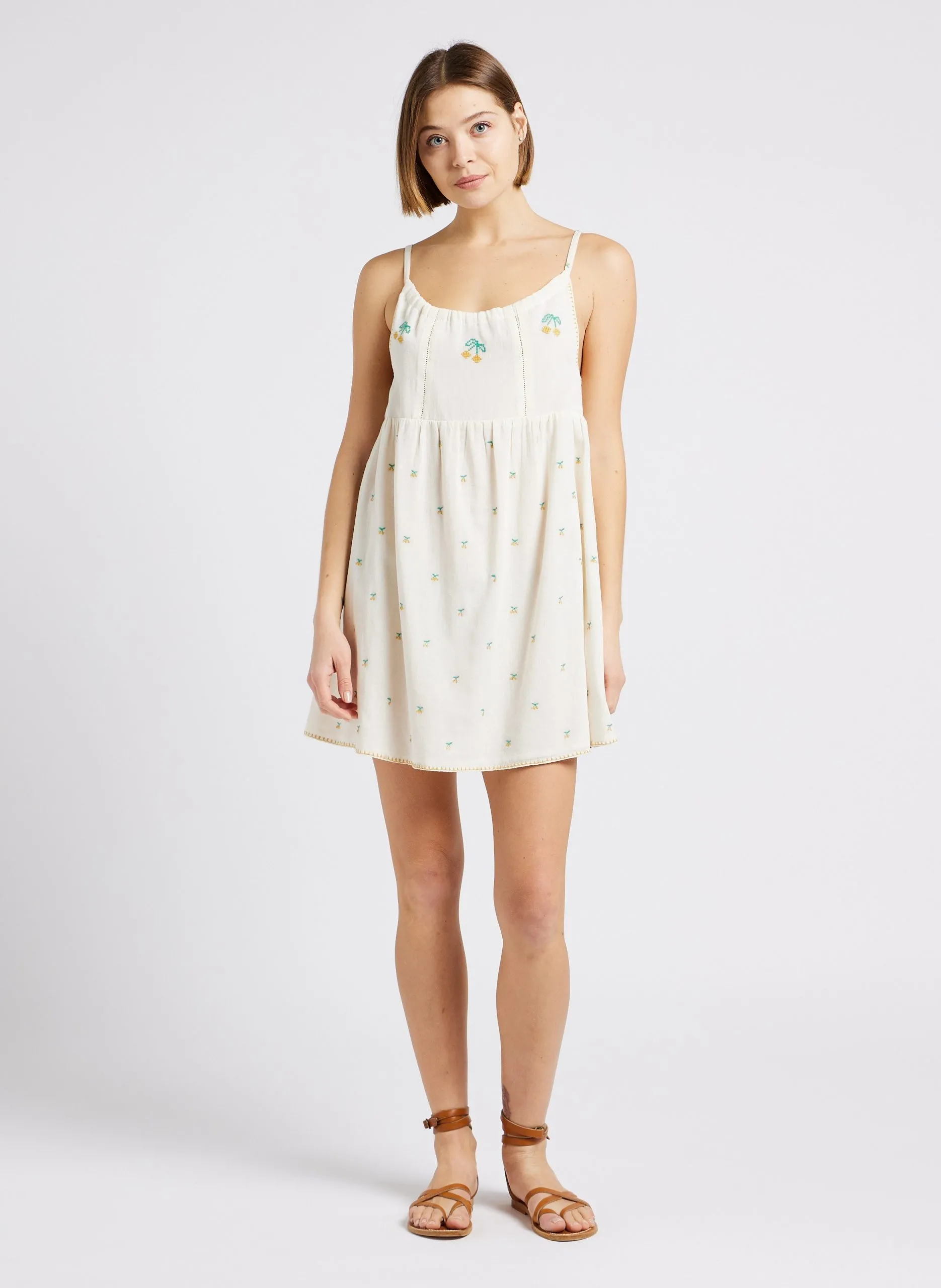 Robe courte droite encolure ronde en coton brodé Blanc ZIRNAC