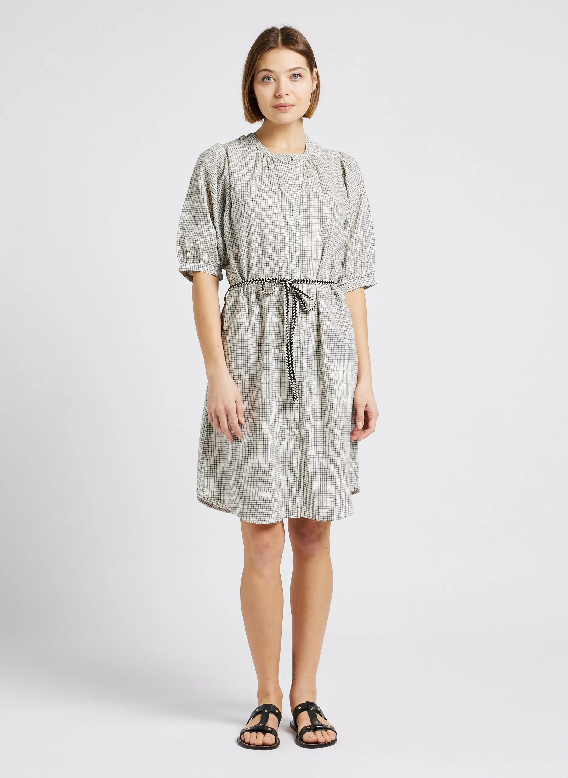 Robe chemise ample col rond en coton à carreaux Noir ZEN